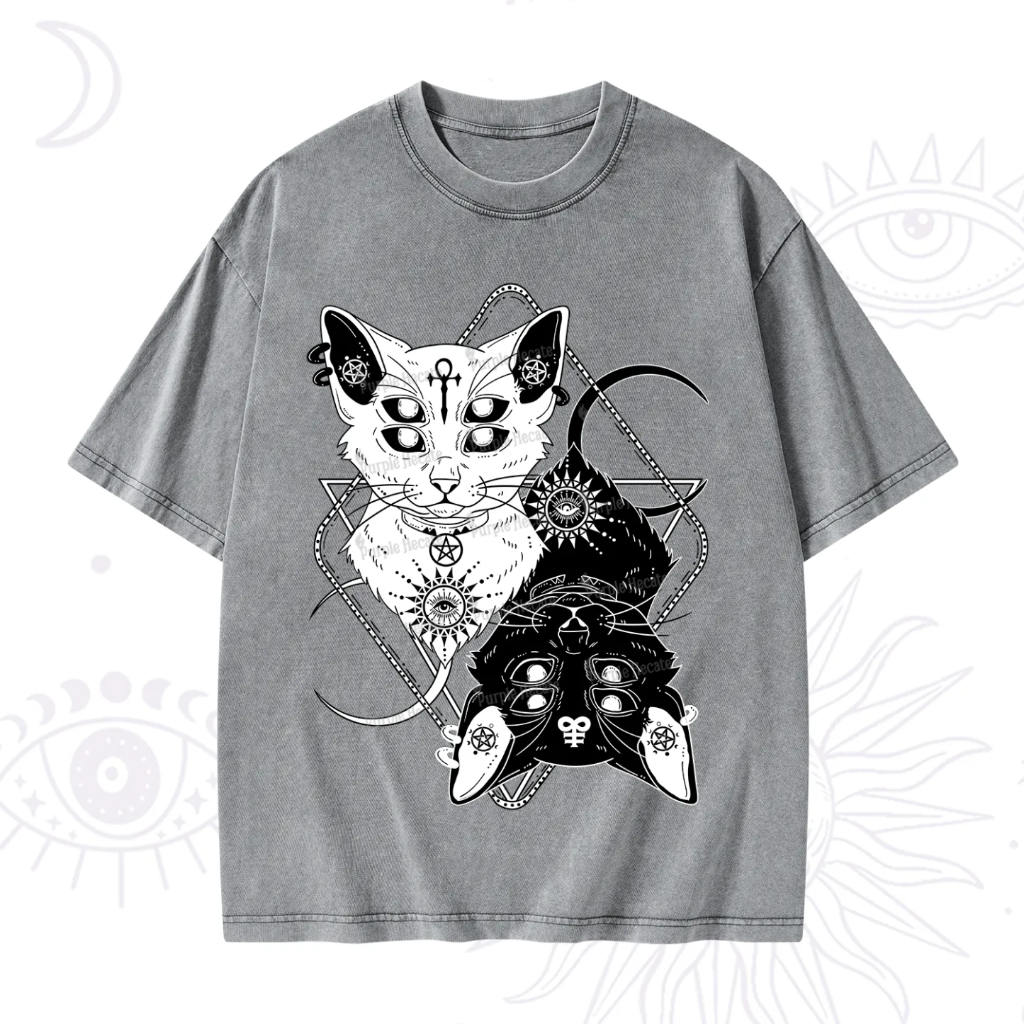 Purplehecate Occult Mirror Cats Washed T-Shirt