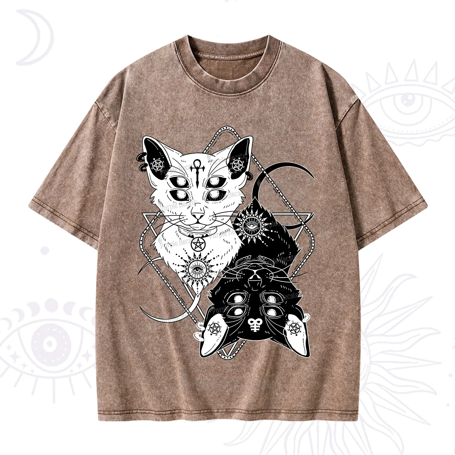Purplehecate Occult Mirror Cats Washed T-Shirt