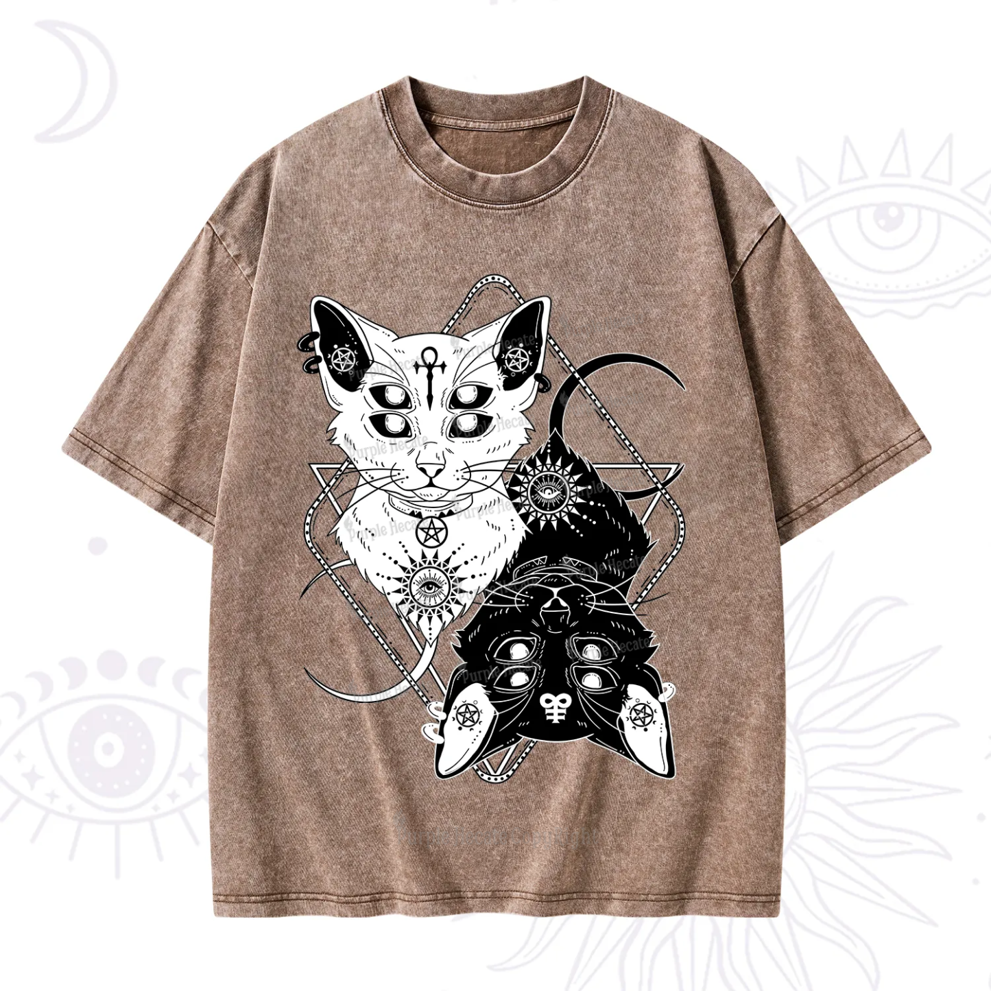 Purplehecate Occult Mirror Cats Washed T-Shirt