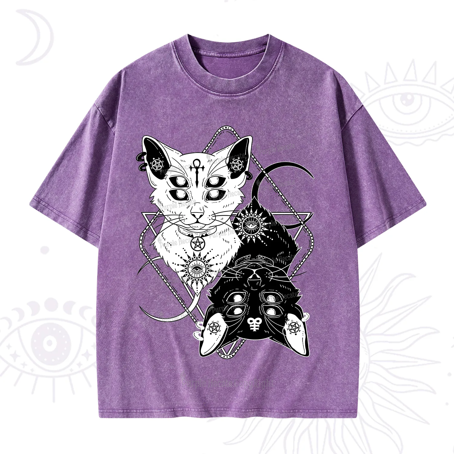 Purplehecate Occult Mirror Cats Washed T-Shirt
