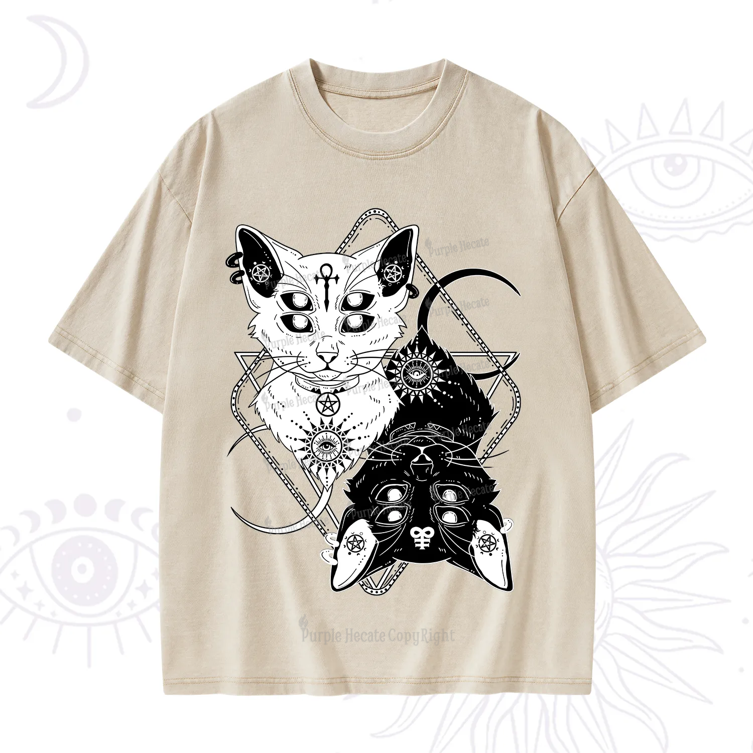 Purplehecate Occult Mirror Cats Washed T-Shirt