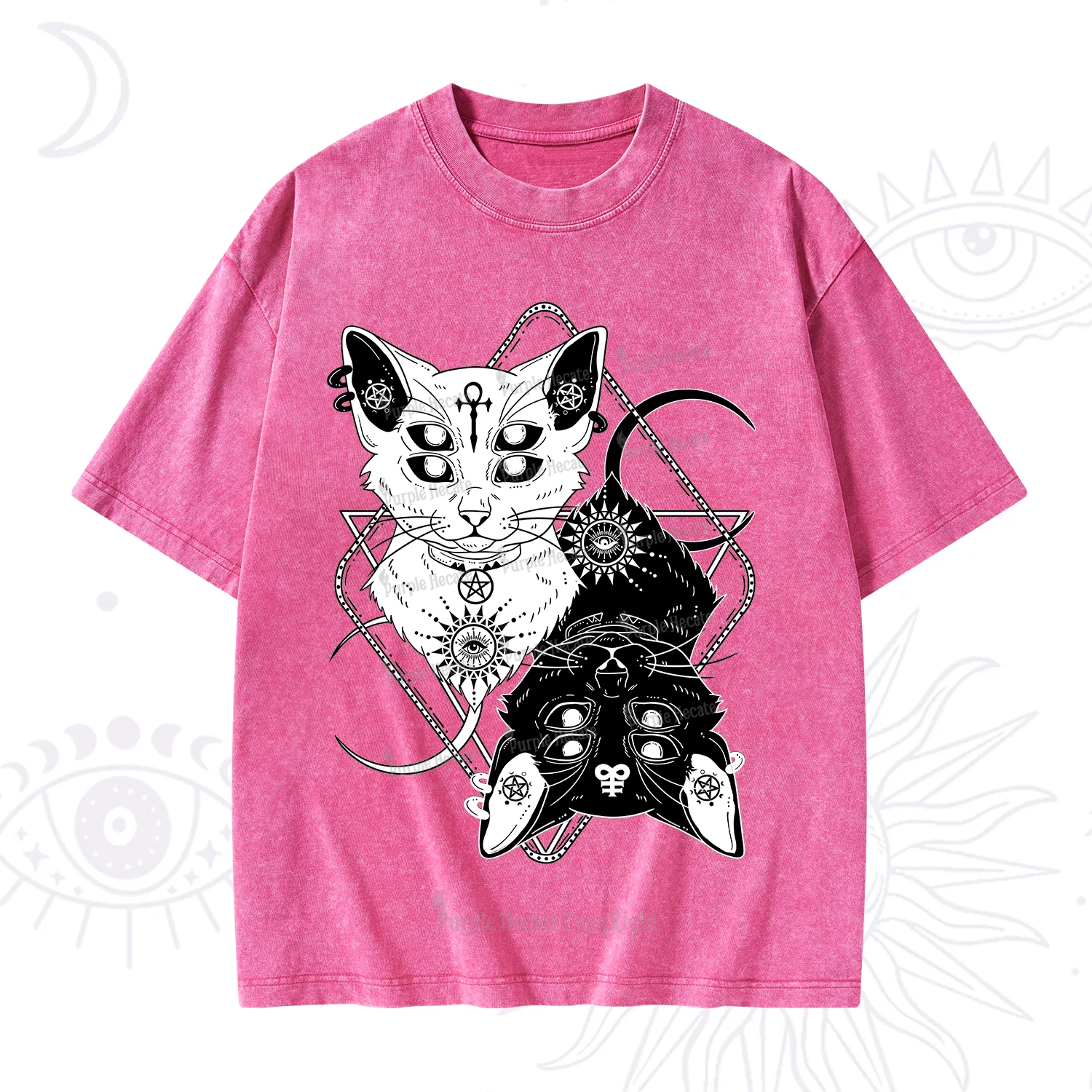Purplehecate Occult Mirror Cats Washed T-Shirt