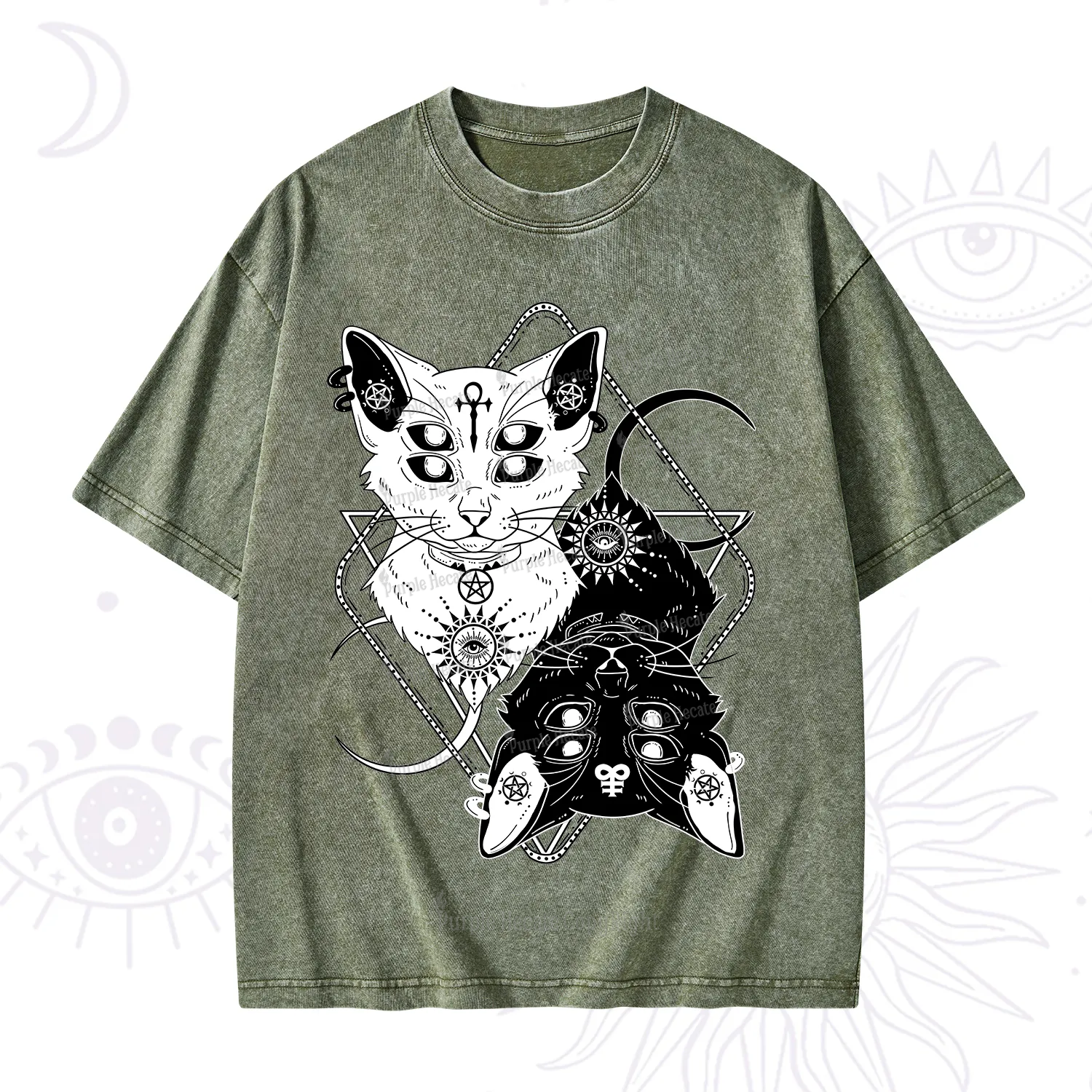 Purplehecate Occult Mirror Cats Washed T-Shirt