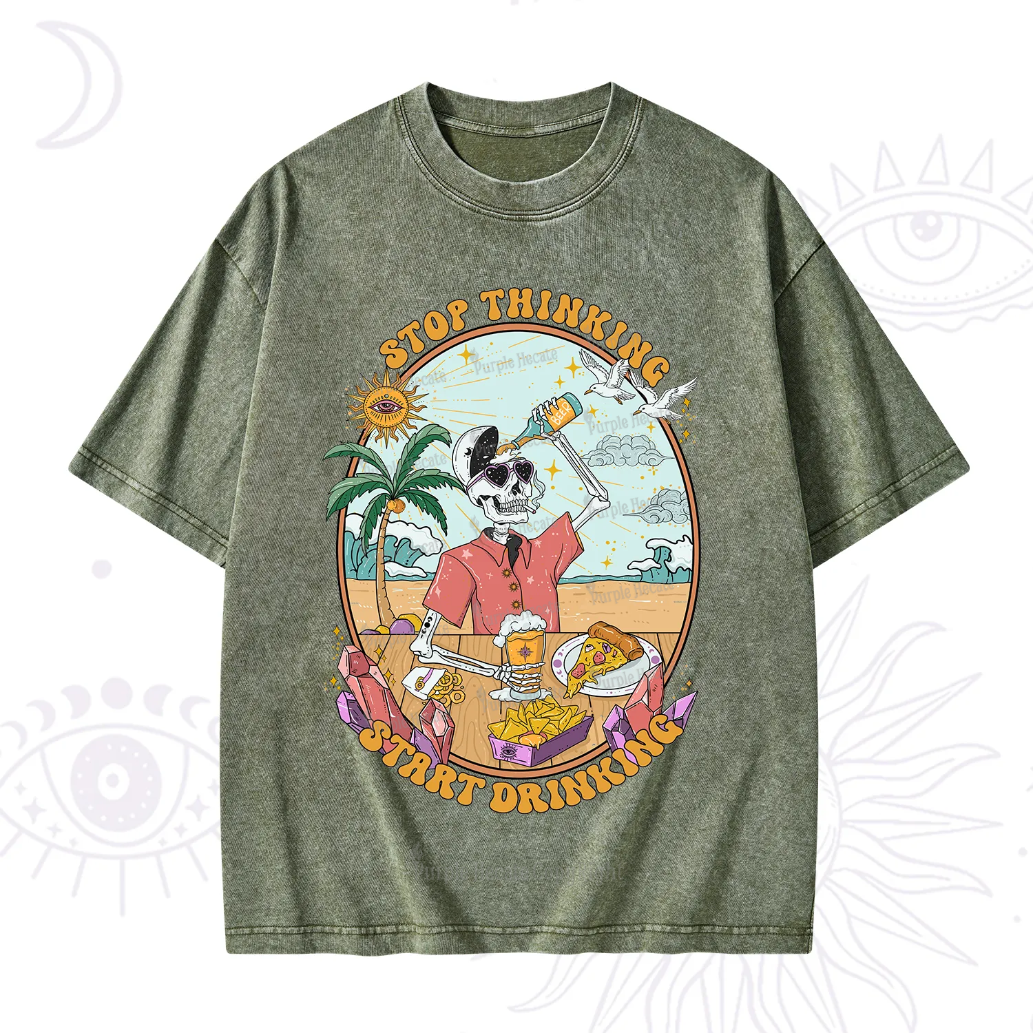 Purplehecate Stop Thinking Start Drinking Washed T-Shirt