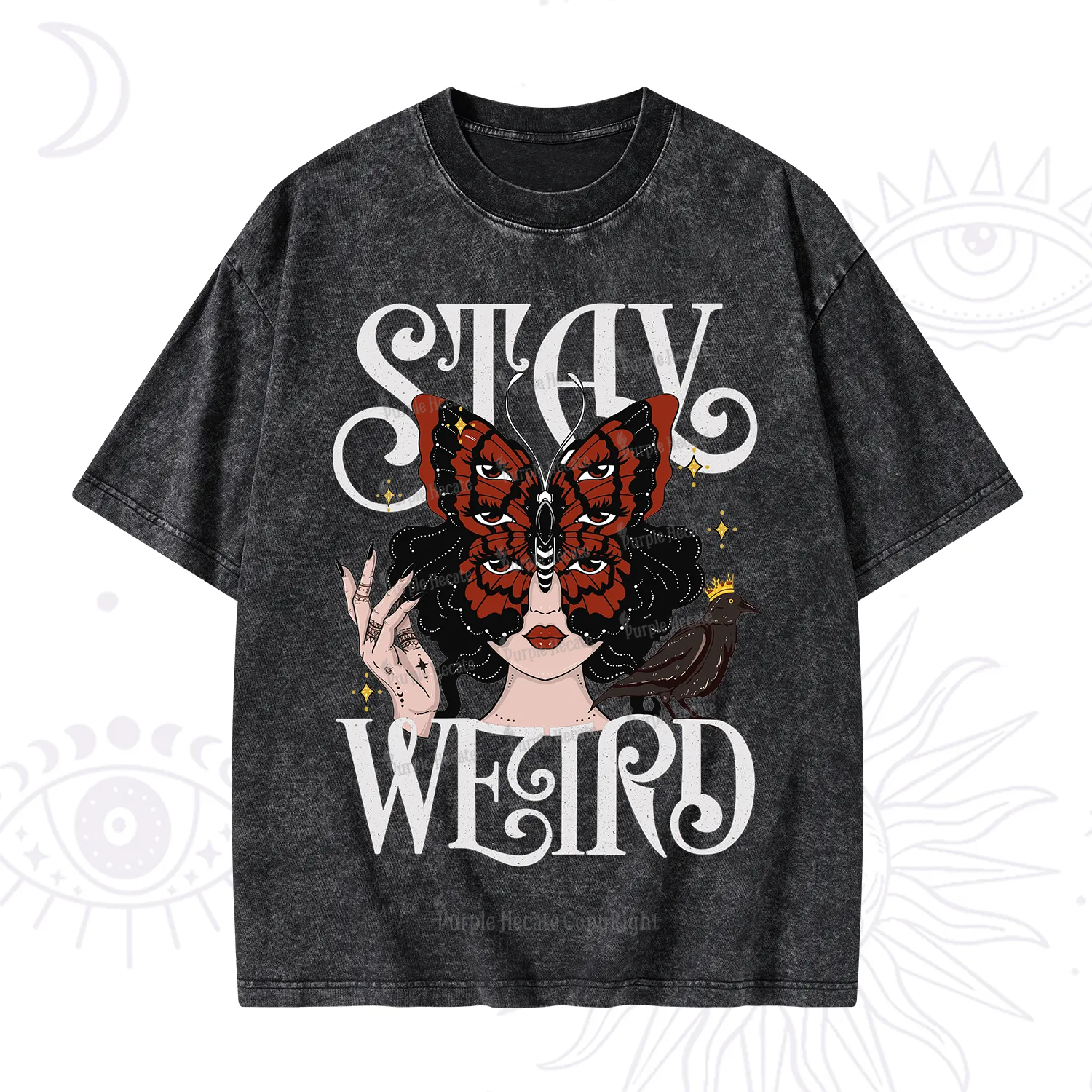 Purplehecate Stay Weird Gothic Butterfly Oracle Washed T-Shirt