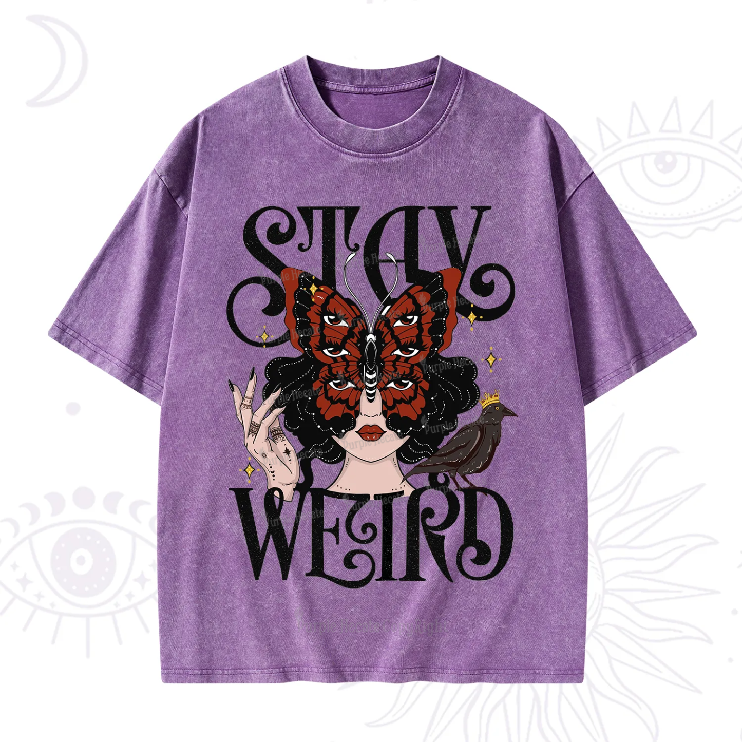 Purplehecate Stay Weird Gothic Butterfly Oracle Washed T-Shirt