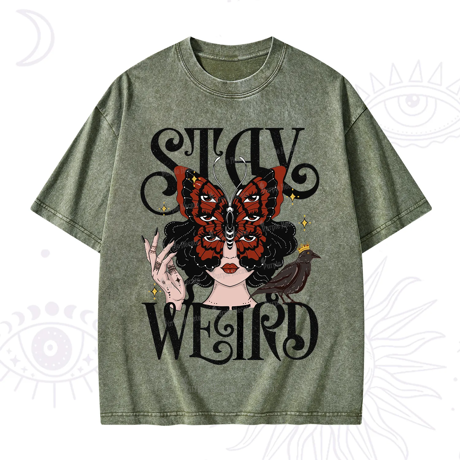Purplehecate Stay Weird Gothic Butterfly Oracle Washed T-Shirt