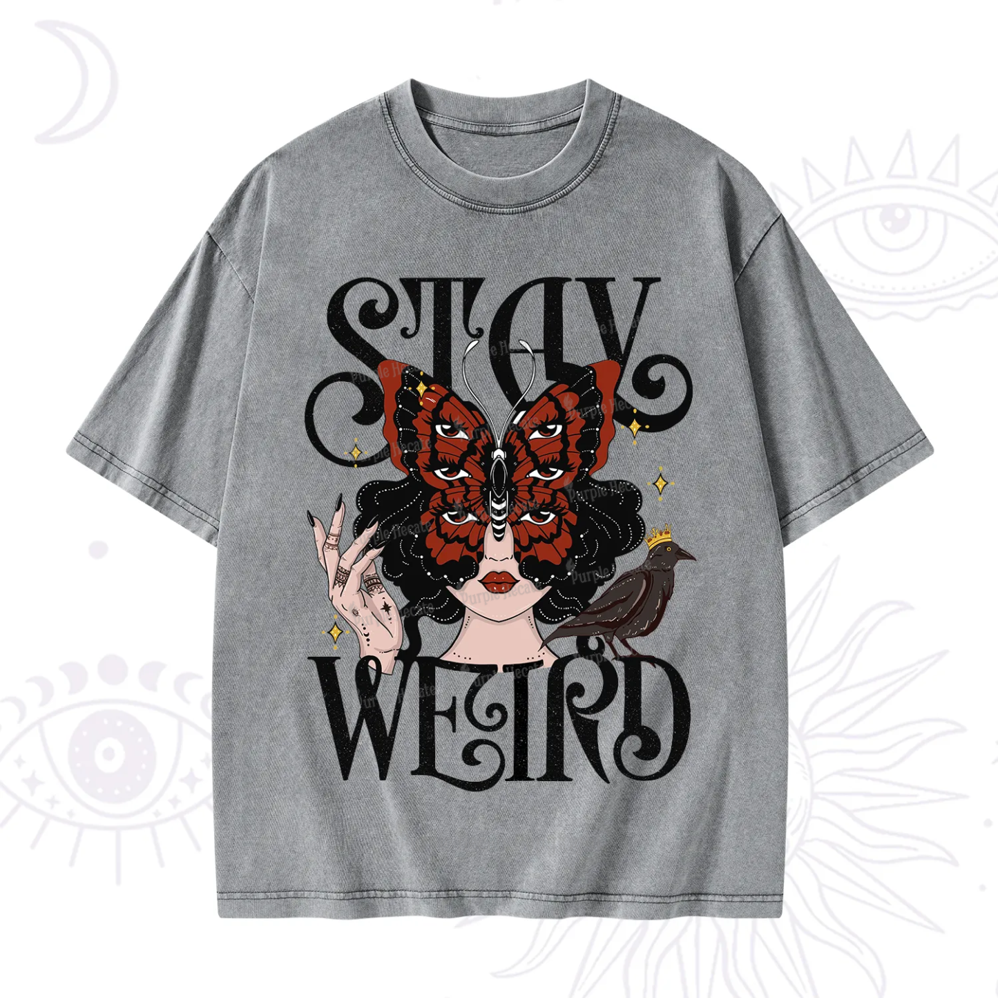 Purplehecate Stay Weird Gothic Butterfly Oracle Washed T-Shirt