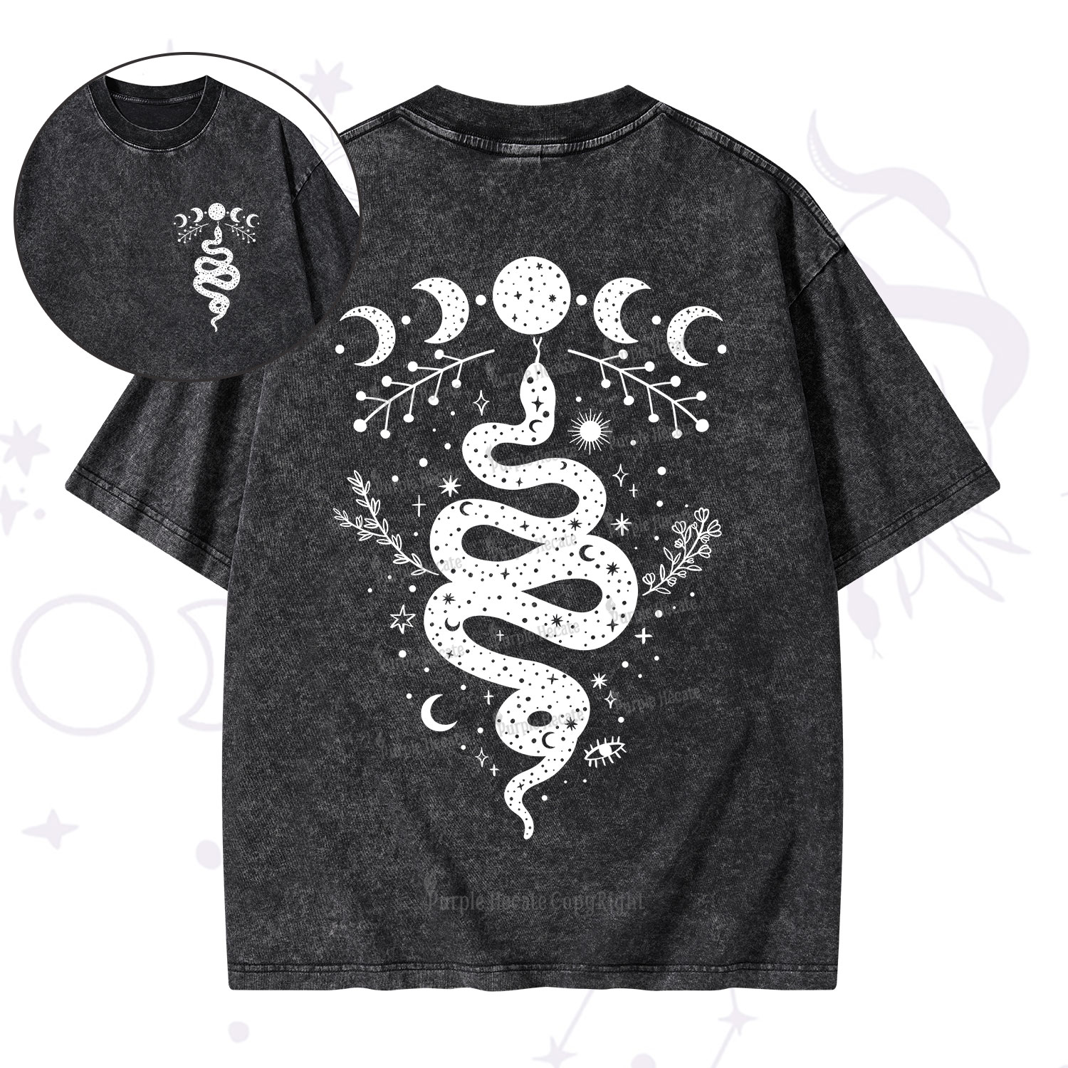 Purplehecate Snake And Moon Phase Comfort Washed T-Shirt