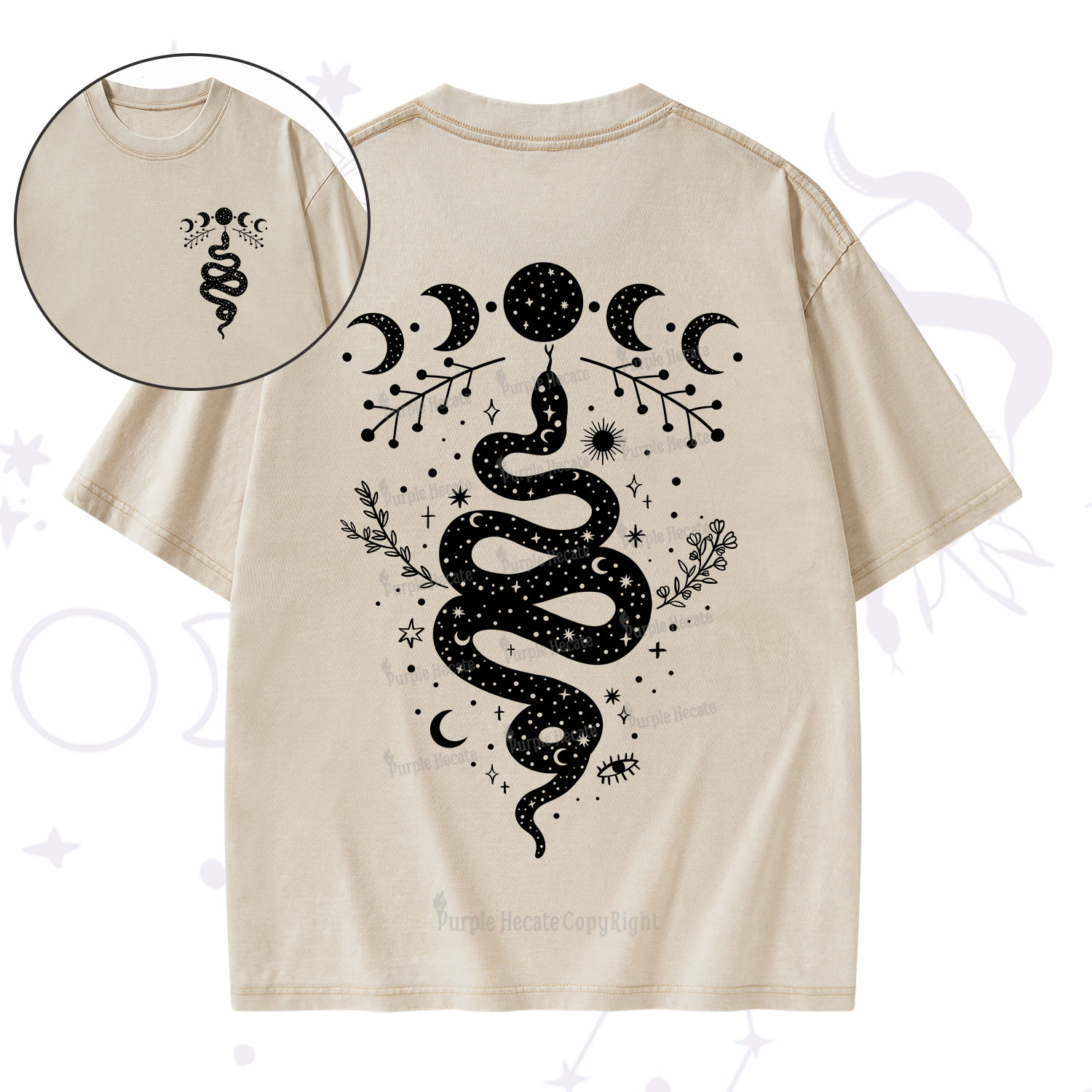 Purplehecate Snake And Moon Phase Comfort Washed T-Shirt