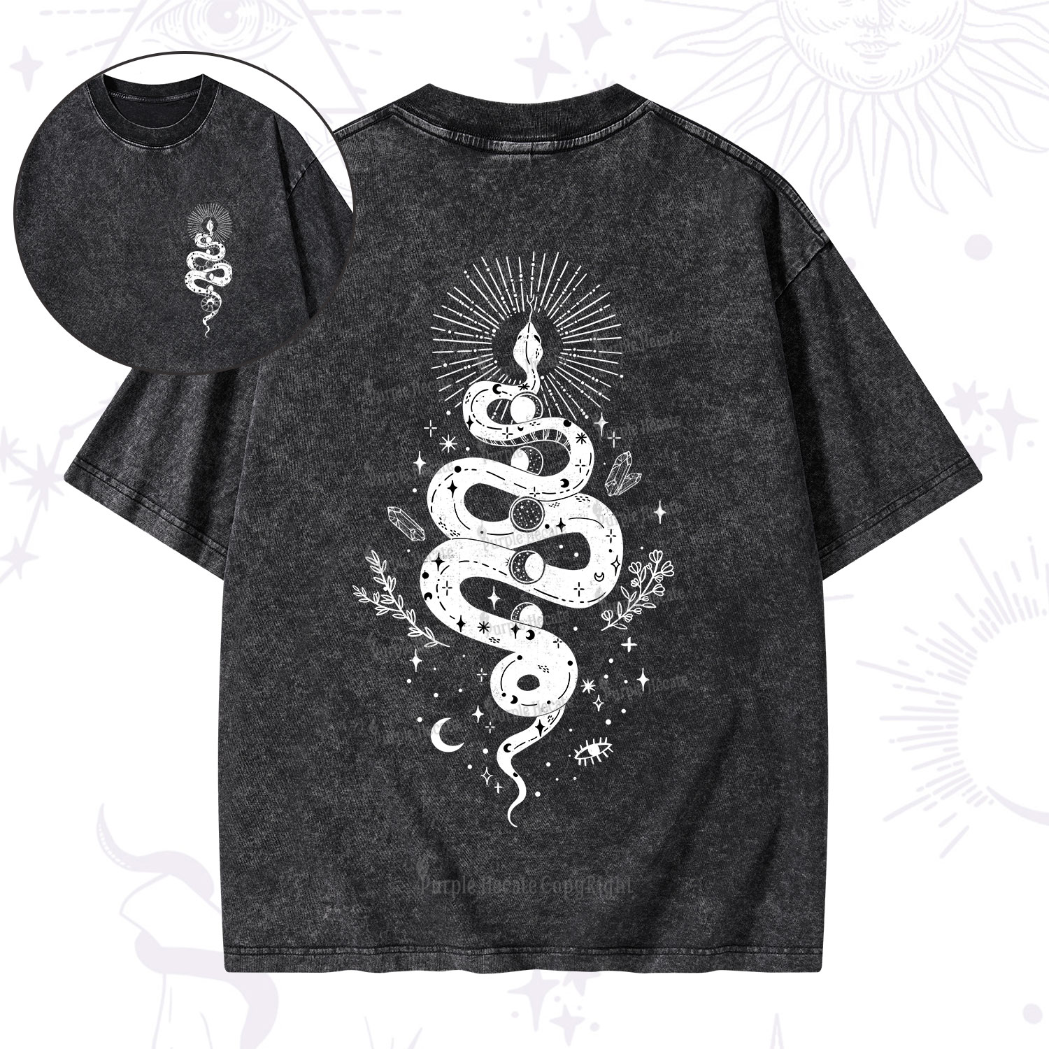 Purplehecate Mystical Moon Phases Snake Washed T-Shirt