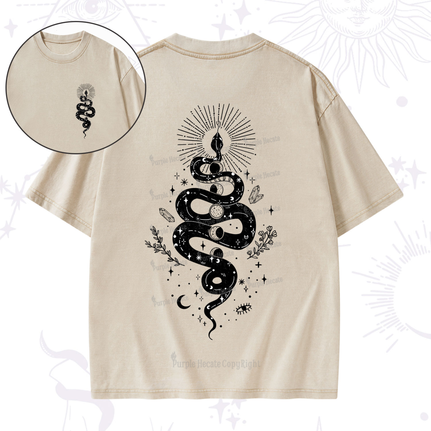 Purplehecate Mystical Moon Phases Snake Washed T-Shirt