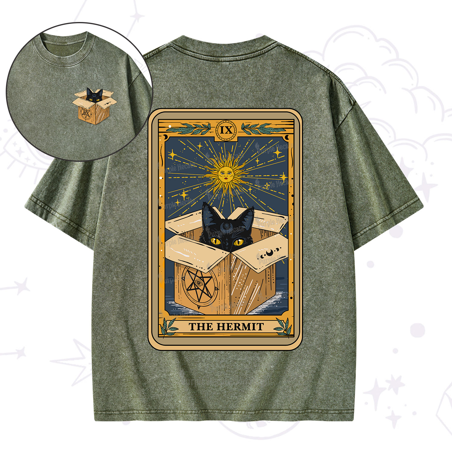Purplehecate The Hermit Cat Tarot Card Washed T-Shirt