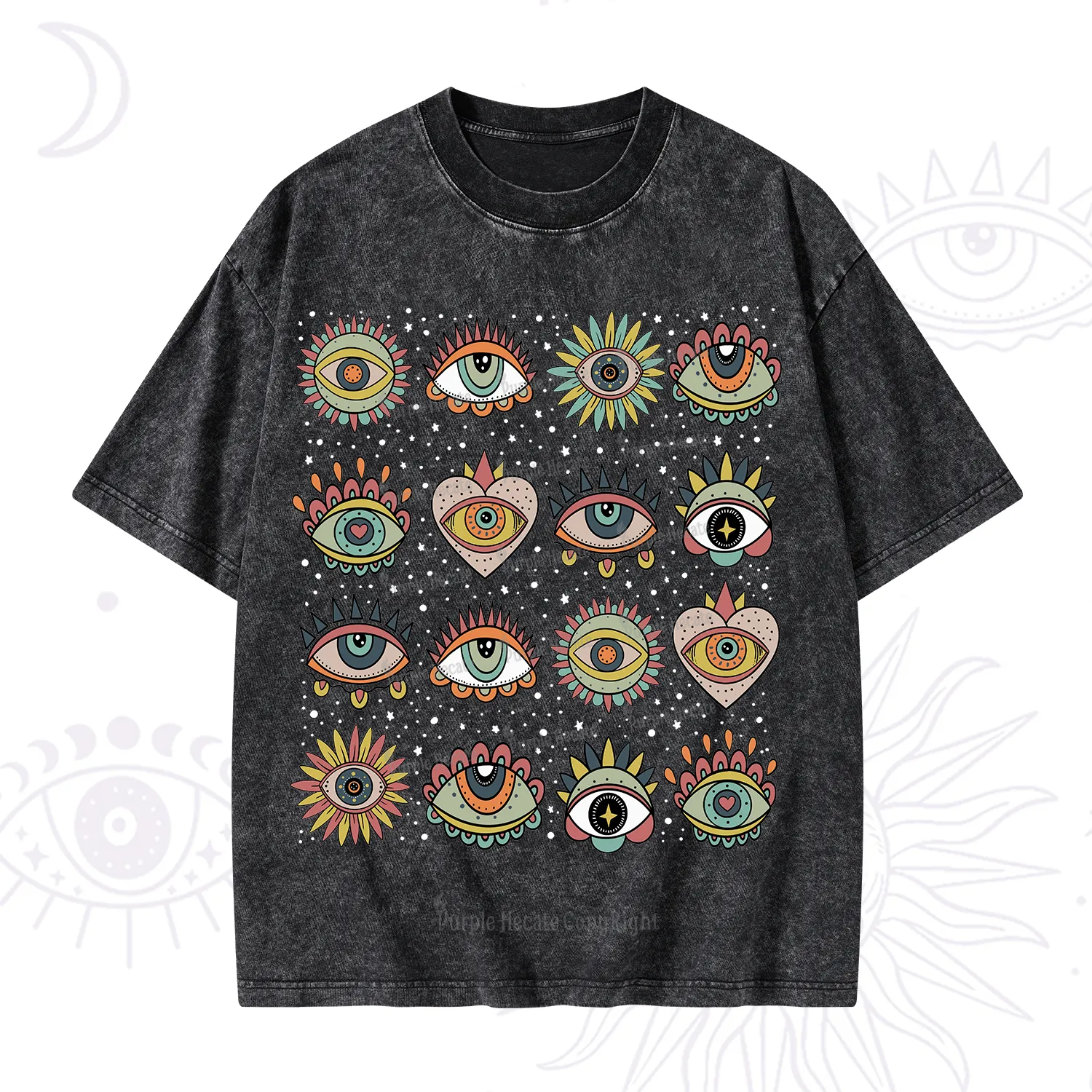Purplehecate Mystical Evil Eye Pattern Washed T-Shirt