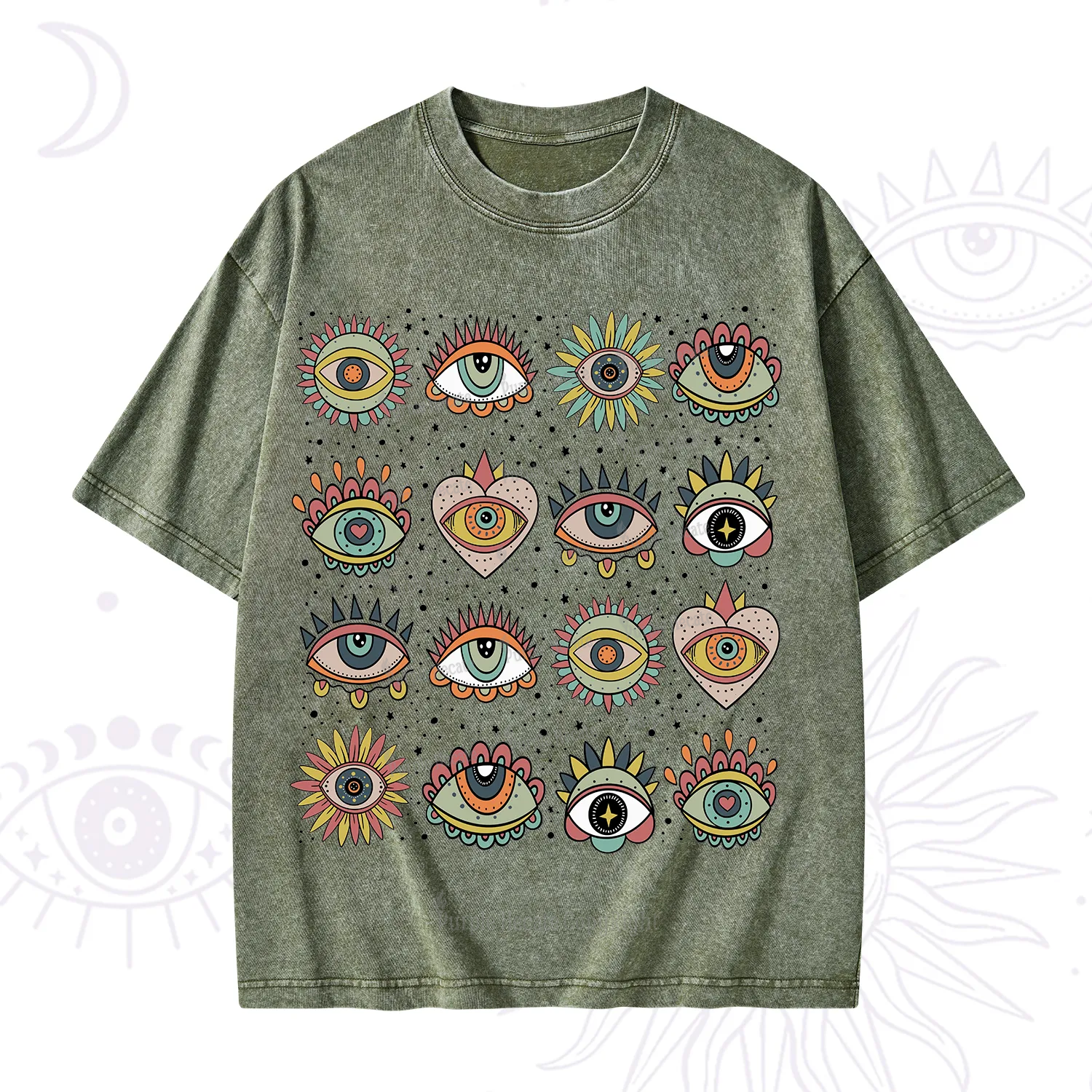 Purplehecate Mystical Evil Eye Pattern Washed T-Shirt