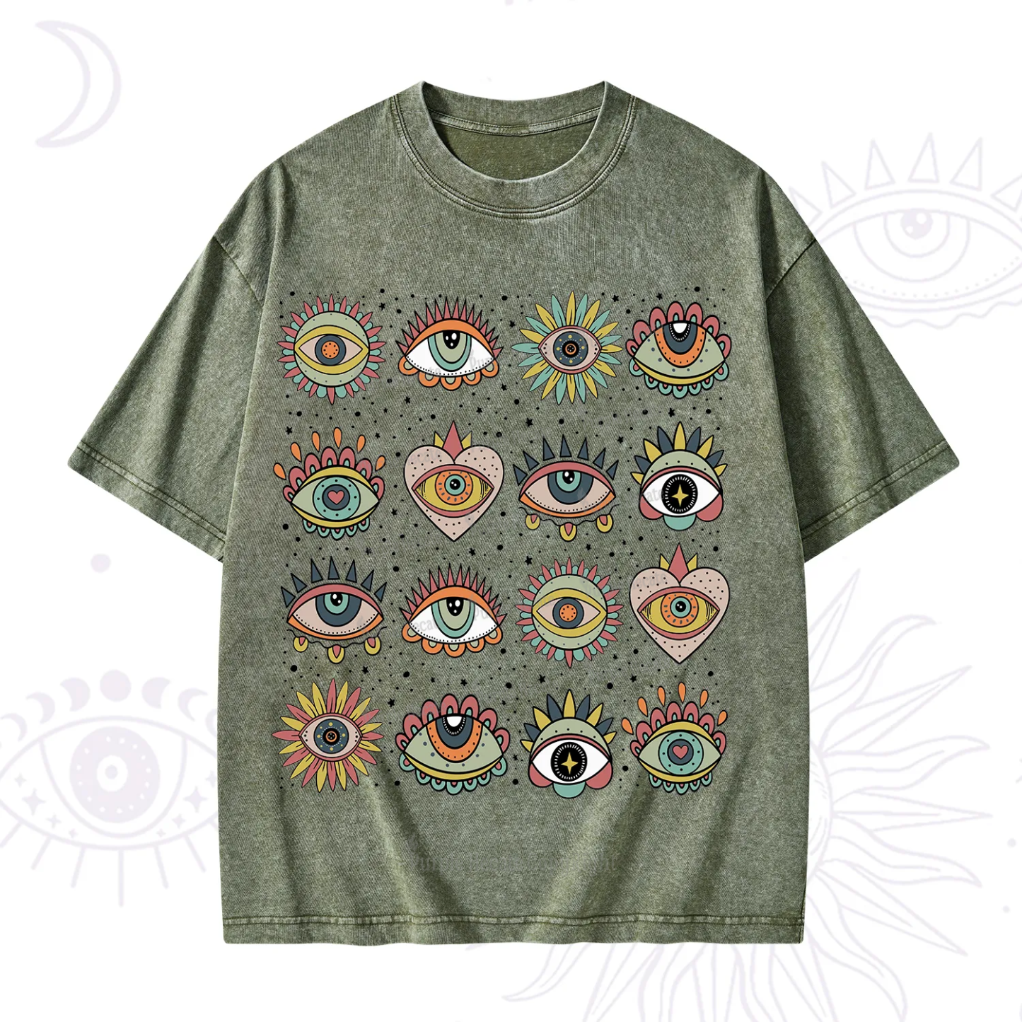Purplehecate Mystical Evil Eye Pattern Washed T-Shirt