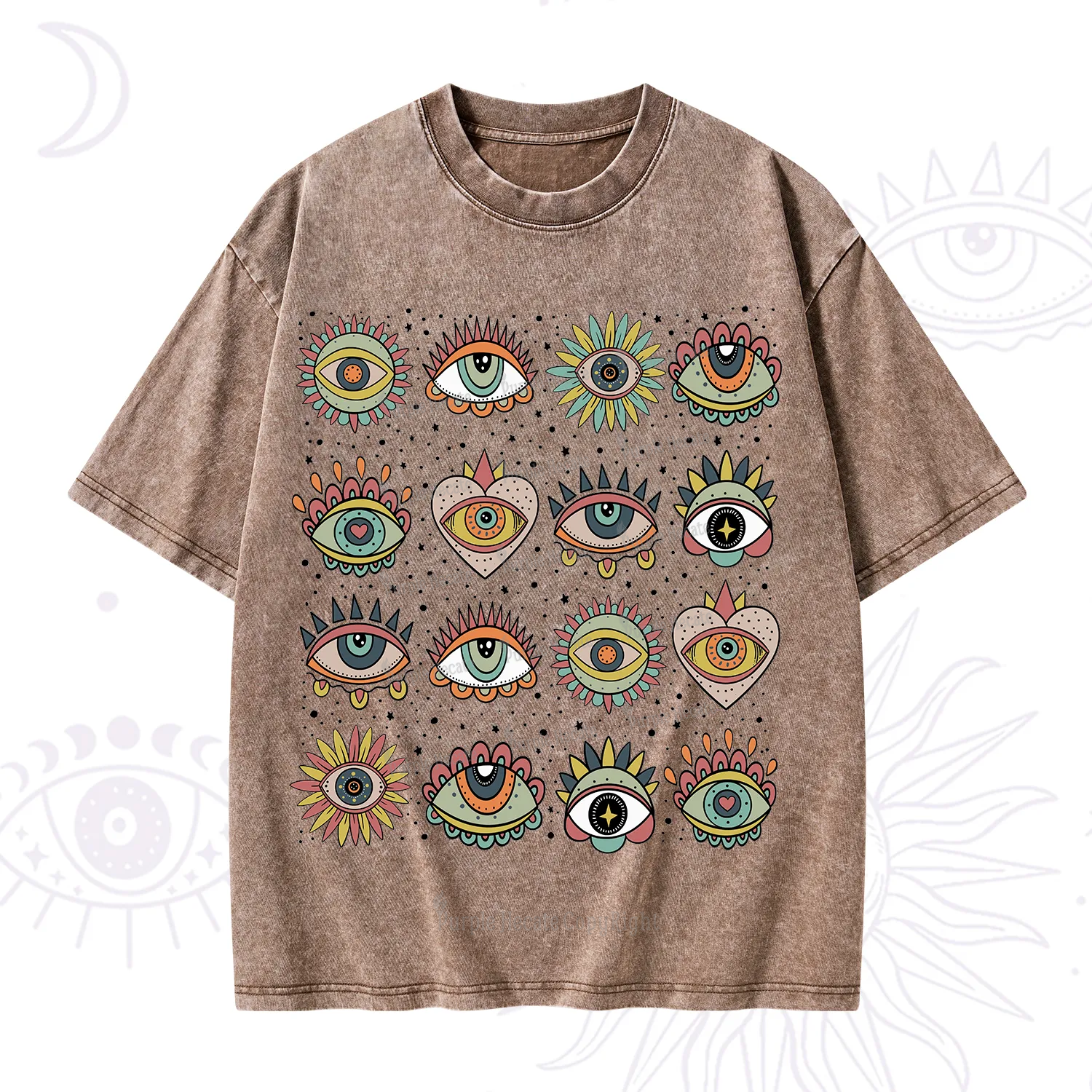 Purplehecate Mystical Evil Eye Pattern Washed T-Shirt