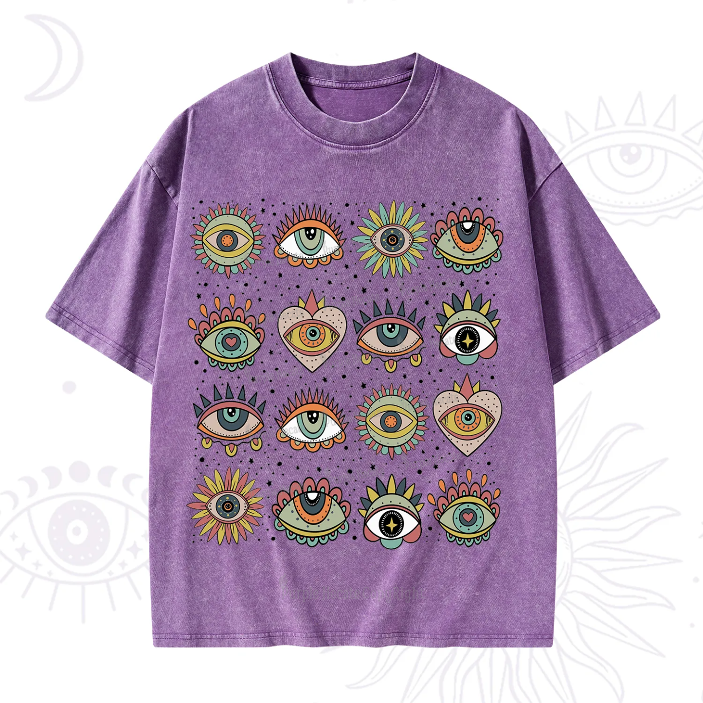 Purplehecate Mystical Evil Eye Pattern Washed T-Shirt