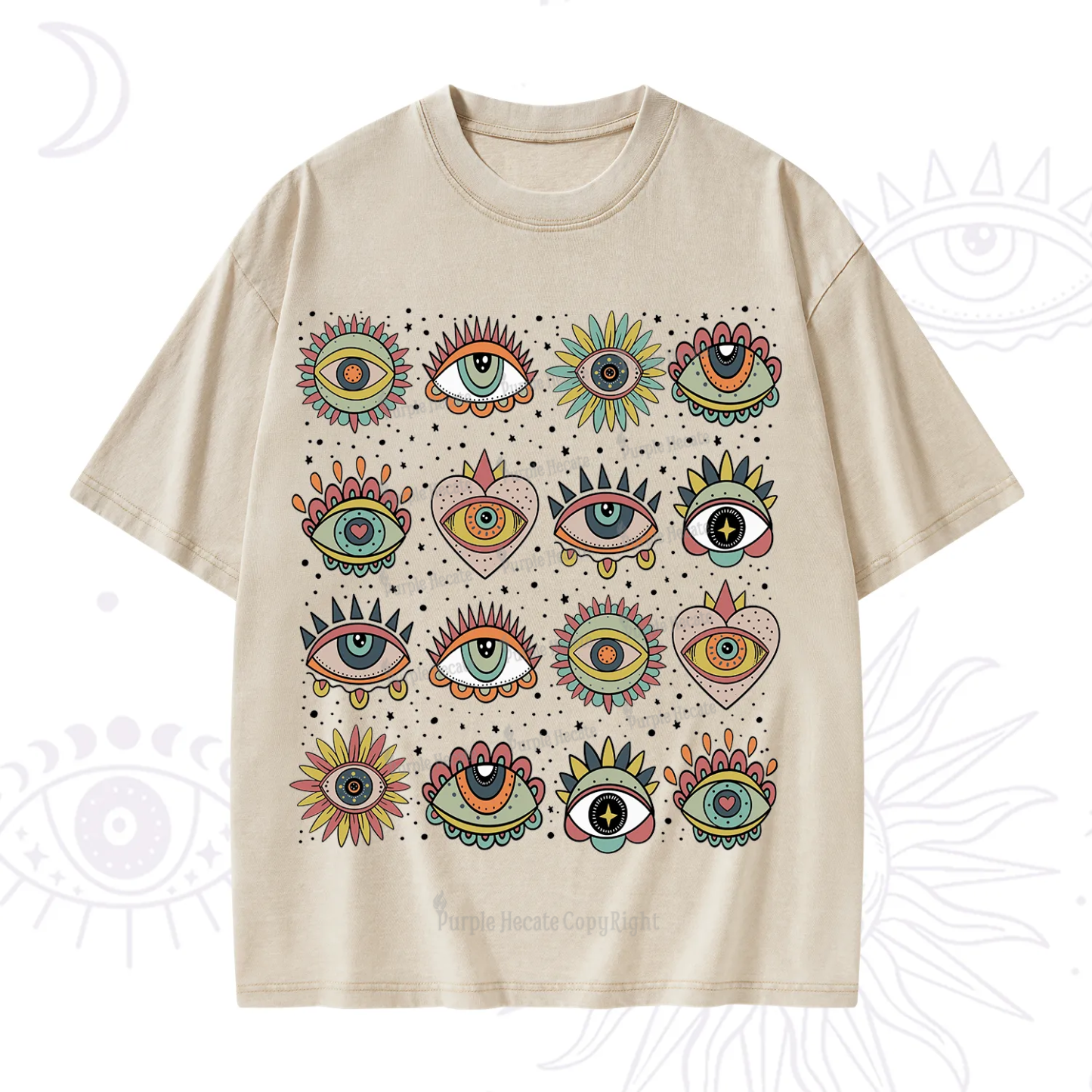 Purplehecate Mystical Evil Eye Pattern Washed T-Shirt
