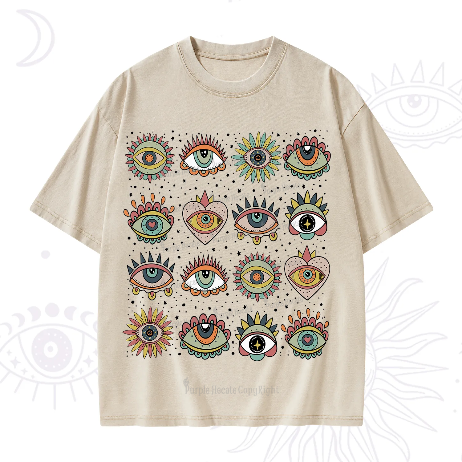 Purplehecate Mystical Evil Eye Pattern Washed T-Shirt
