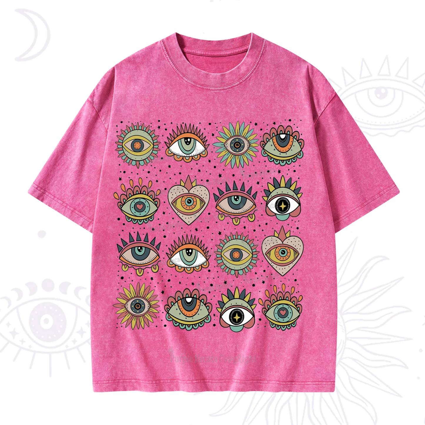 Purplehecate Mystical Evil Eye Pattern Washed T-Shirt