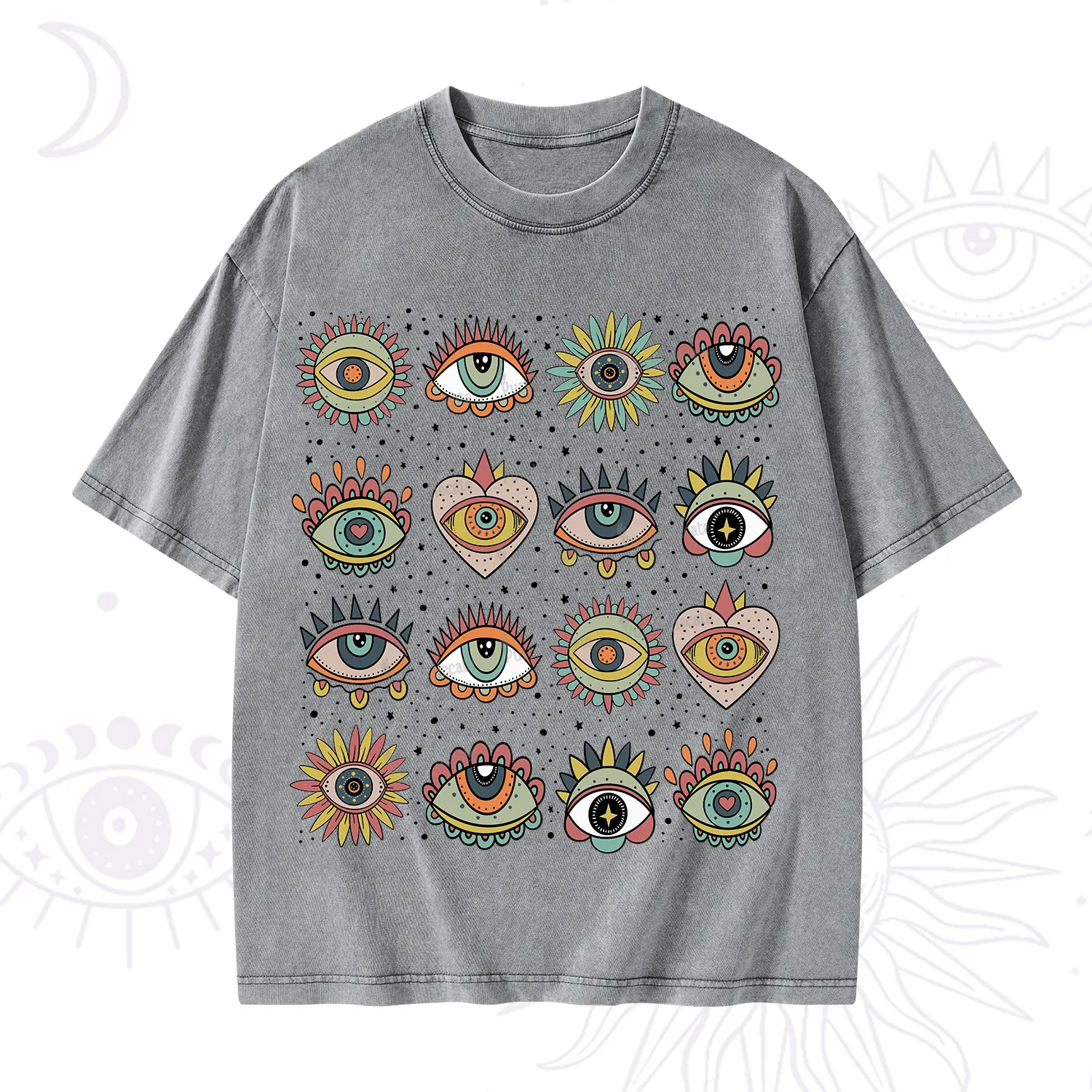 Purplehecate Mystical Evil Eye Pattern Washed T-Shirt