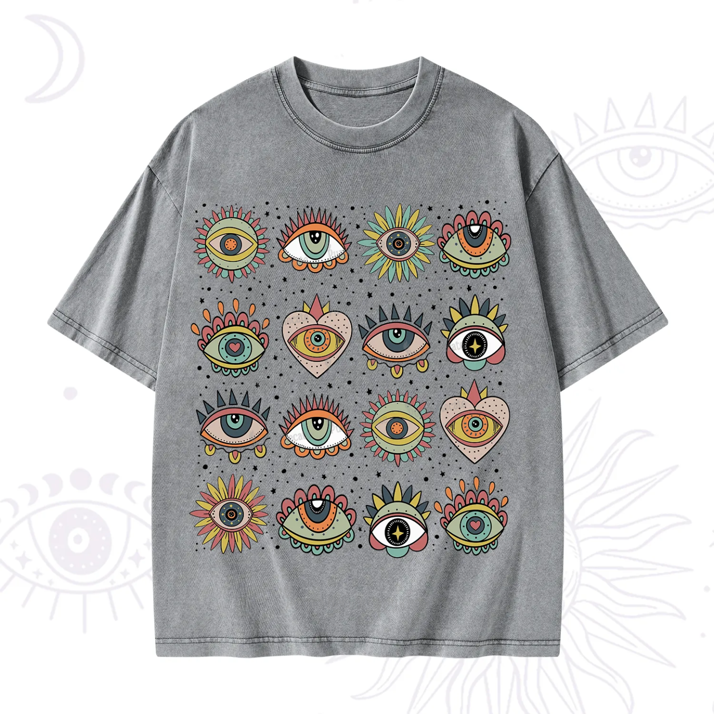 Purplehecate Mystical Evil Eye Pattern Washed T-Shirt