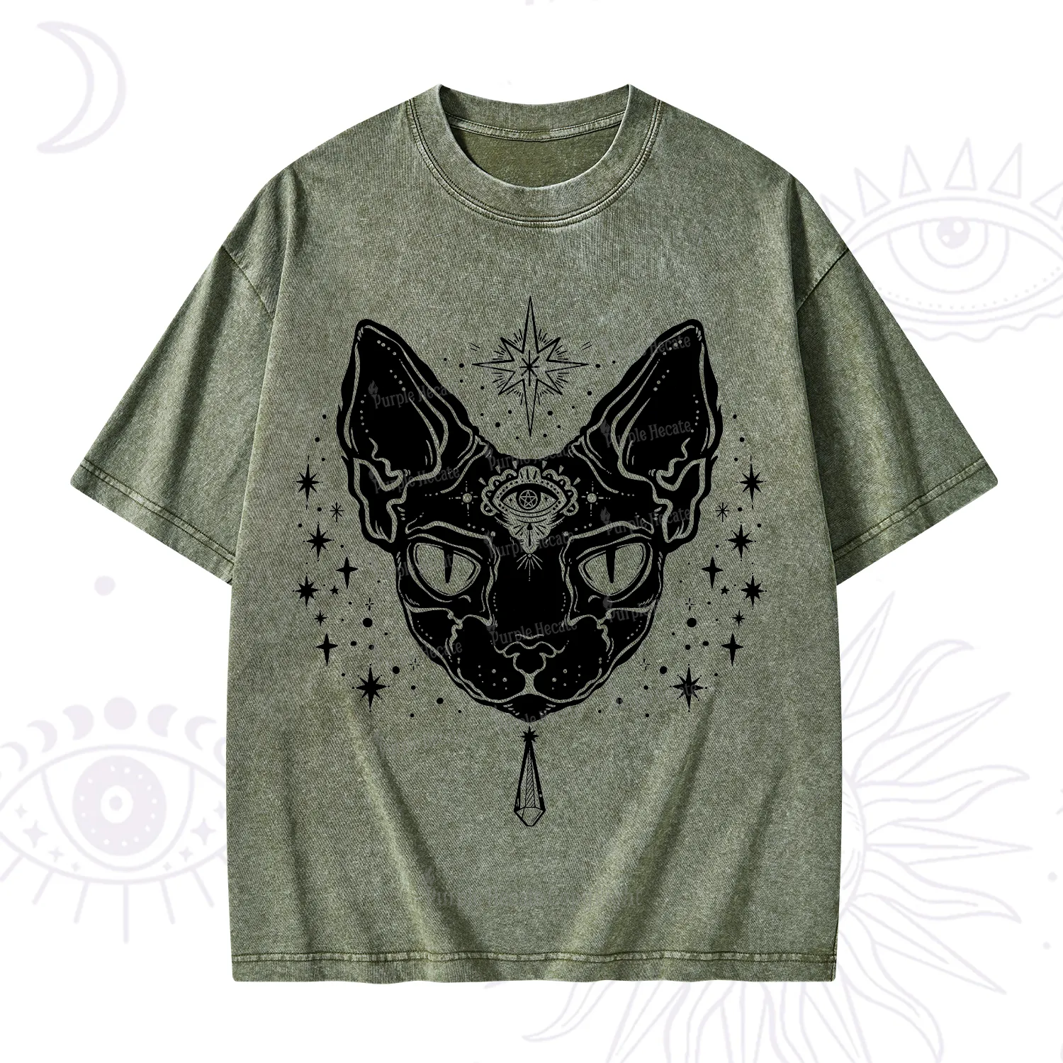 Purplehecate Three Eyed Sphynx Cat Washed T-Shirt