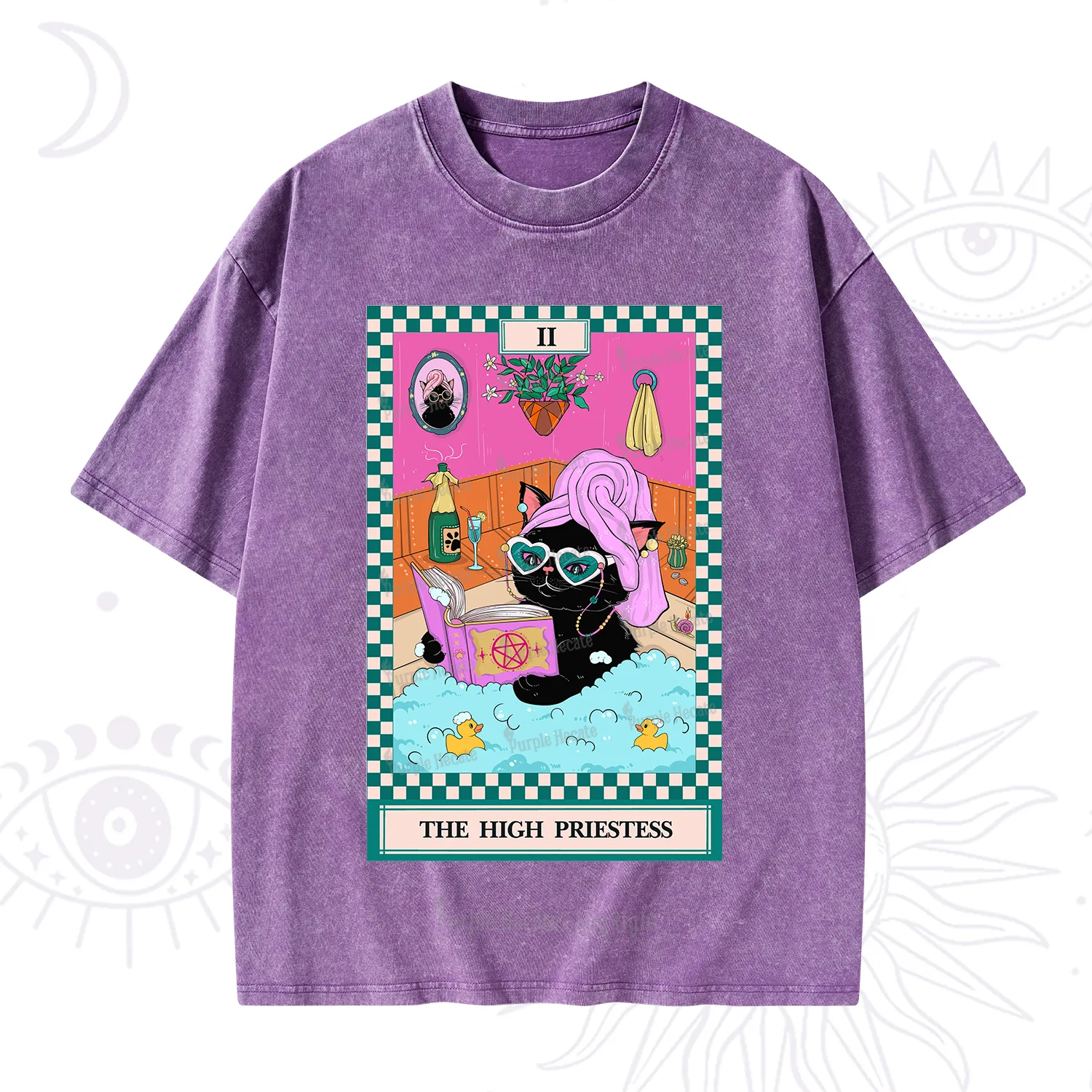 Purplehecate The Cat High Priestess's Bubble Time Tarot Washed T-Shirt