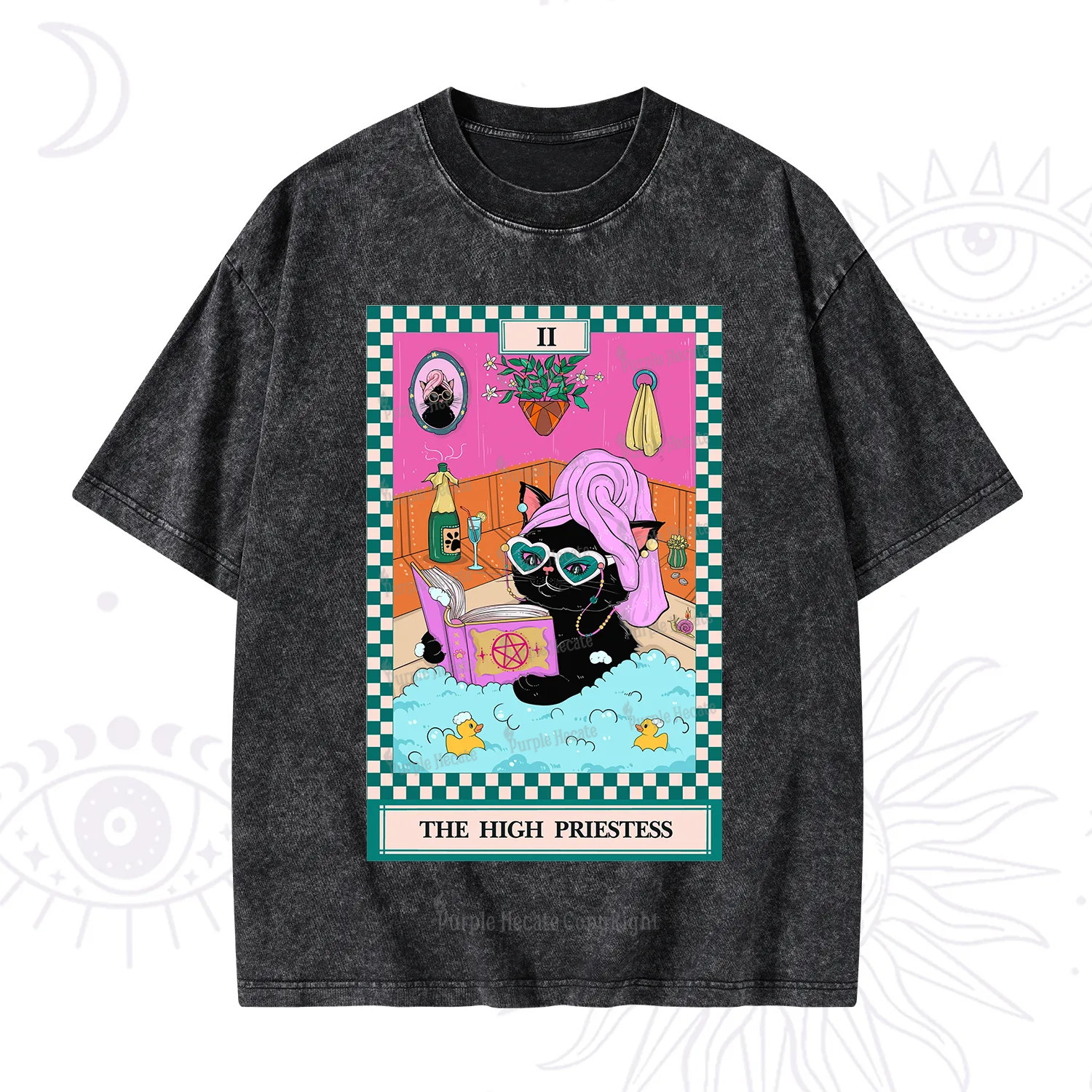 Purplehecate The Cat High Priestess's Bubble Time Tarot Washed T-Shirt