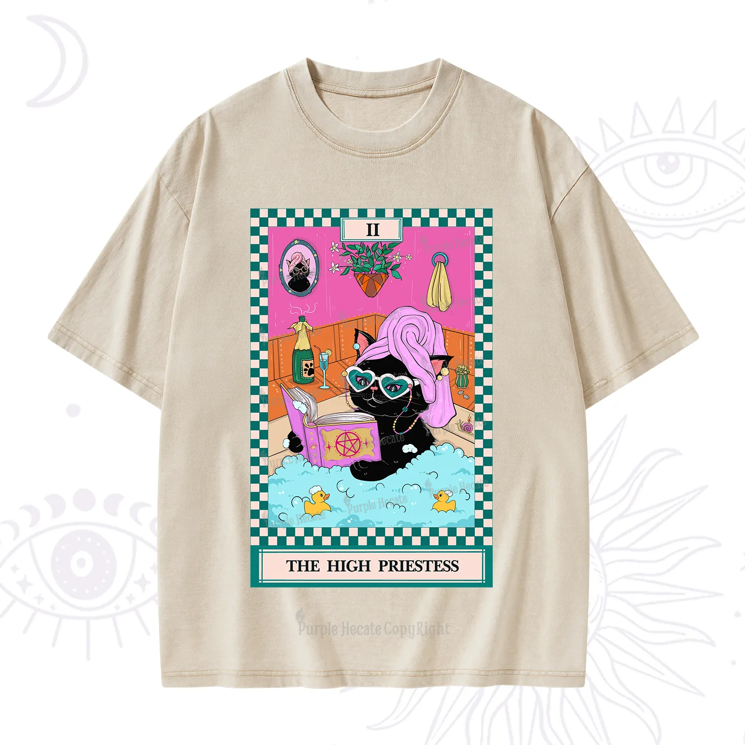 Purplehecate The Cat High Priestess's Bubble Time Tarot Washed T-Shirt