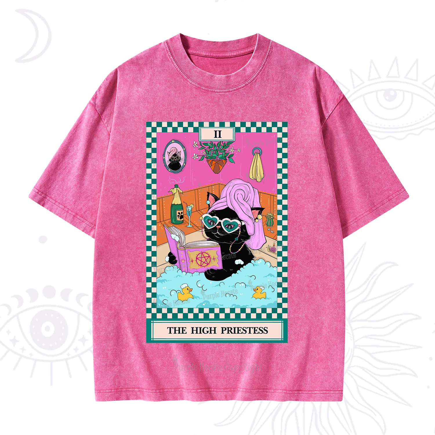 Purplehecate The Cat High Priestess's Bubble Time Tarot Washed T-Shirt