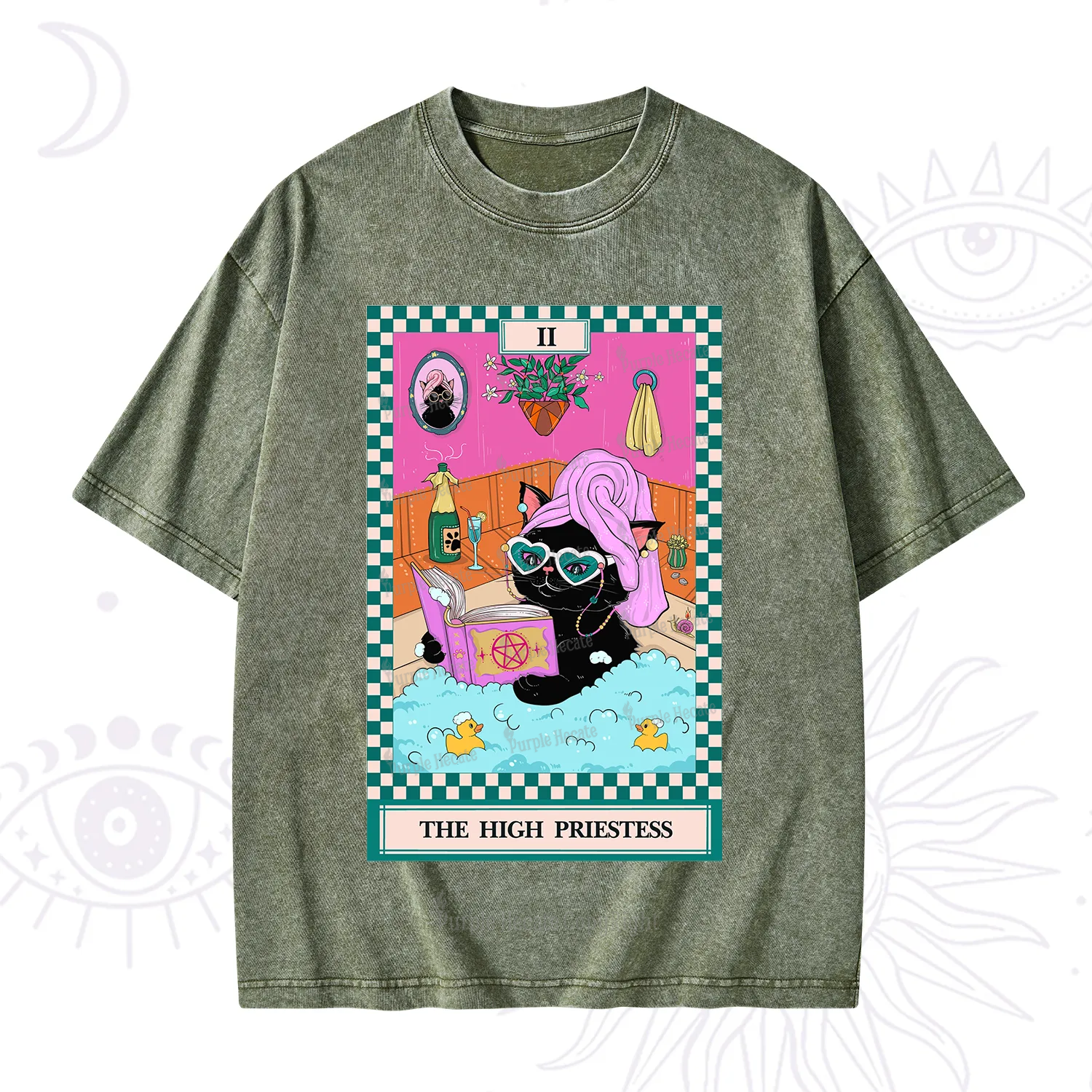 Purplehecate The Cat High Priestess's Bubble Time Tarot Washed T-Shirt
