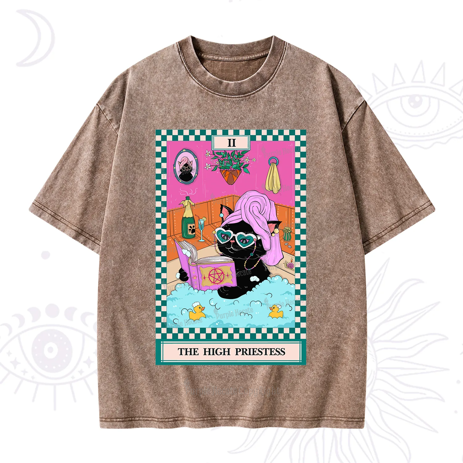 Purplehecate The Cat High Priestess's Bubble Time Tarot Washed T-Shirt