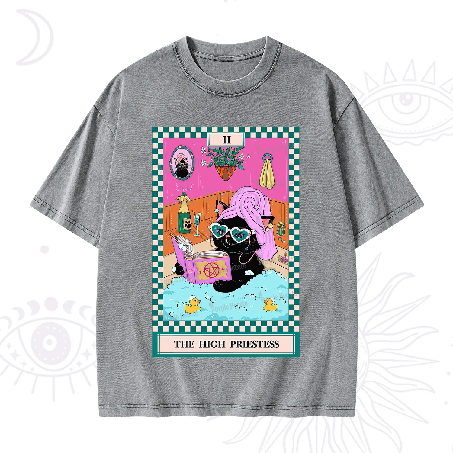 Purplehecate The Cat High Priestess's Bubble Time Tarot Washed T-Shirt