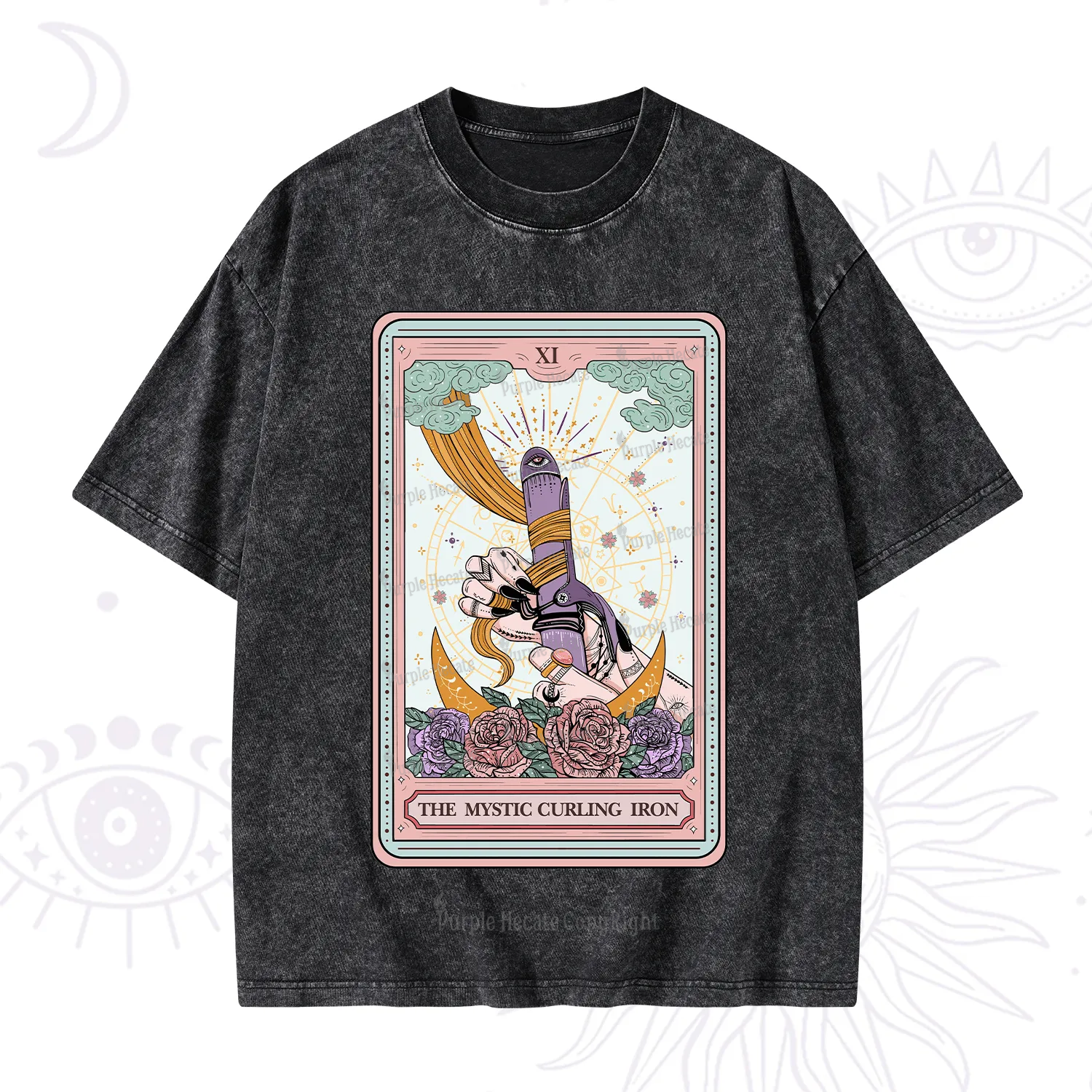 Purplehecate The Mystic Curling Iron Tarot Washed T-Shirt