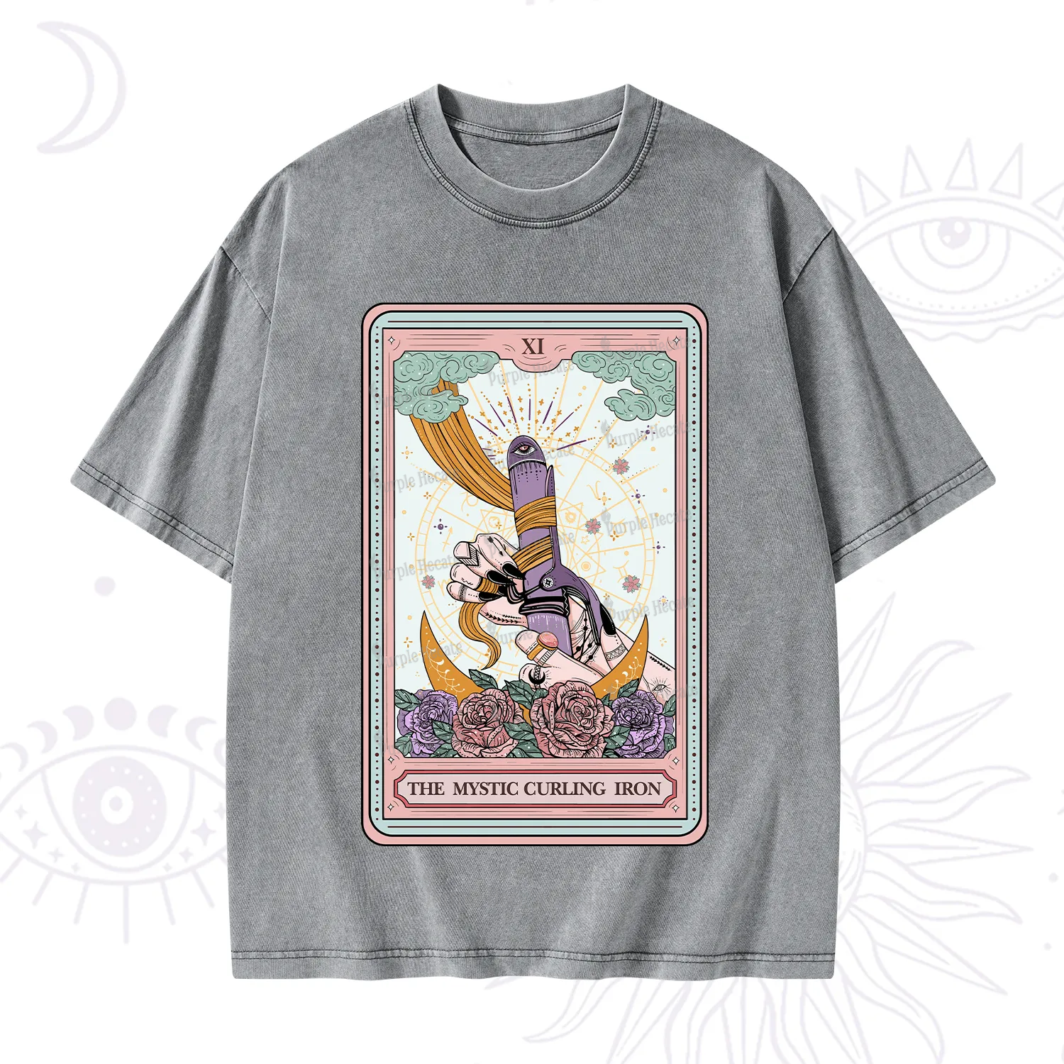 Purplehecate The Mystic Curling Iron Tarot Washed T-Shirt