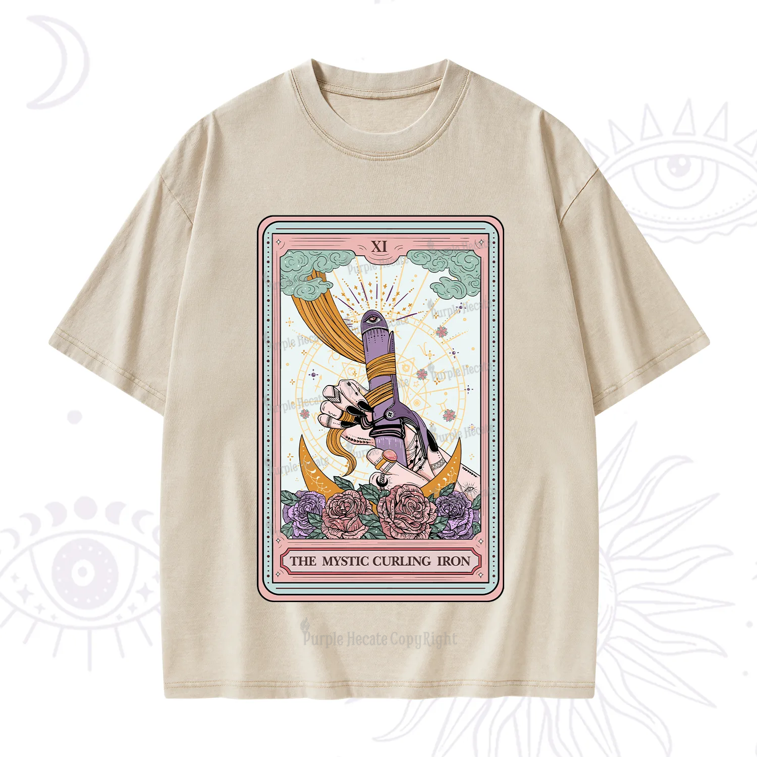 Purplehecate The Mystic Curling Iron Tarot Washed T-Shirt