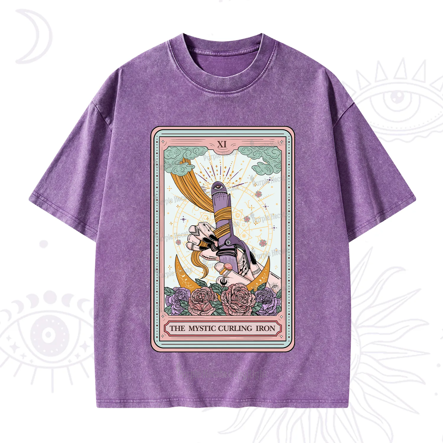 Purplehecate The Mystic Curling Iron Tarot Washed T-Shirt