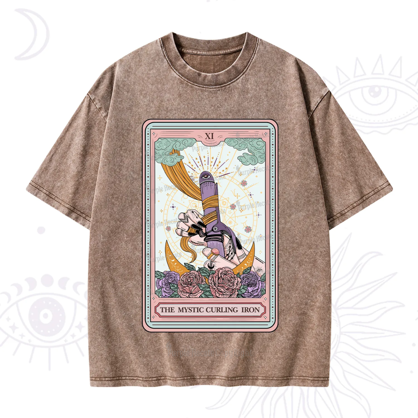 Purplehecate The Mystic Curling Iron Tarot Washed T-Shirt