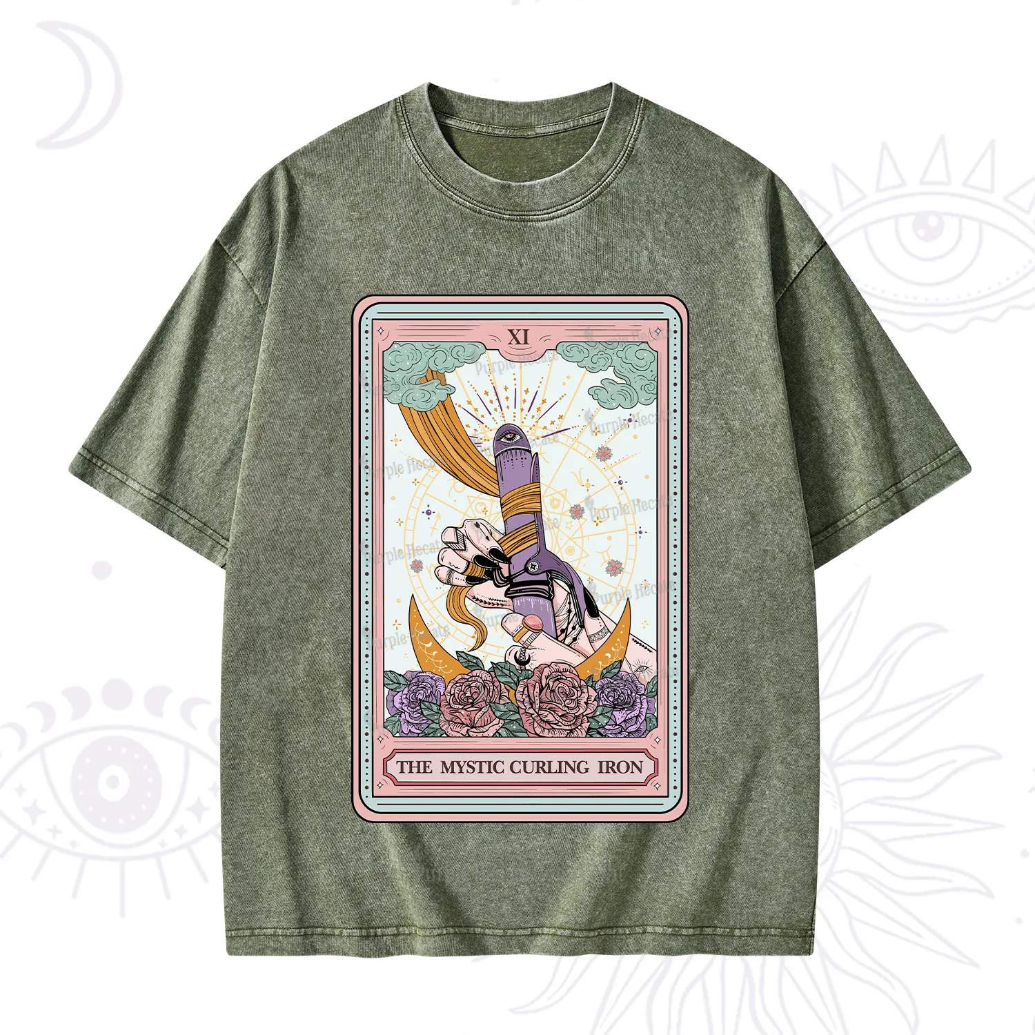 Purplehecate The Mystic Curling Iron Tarot Washed T-Shirt