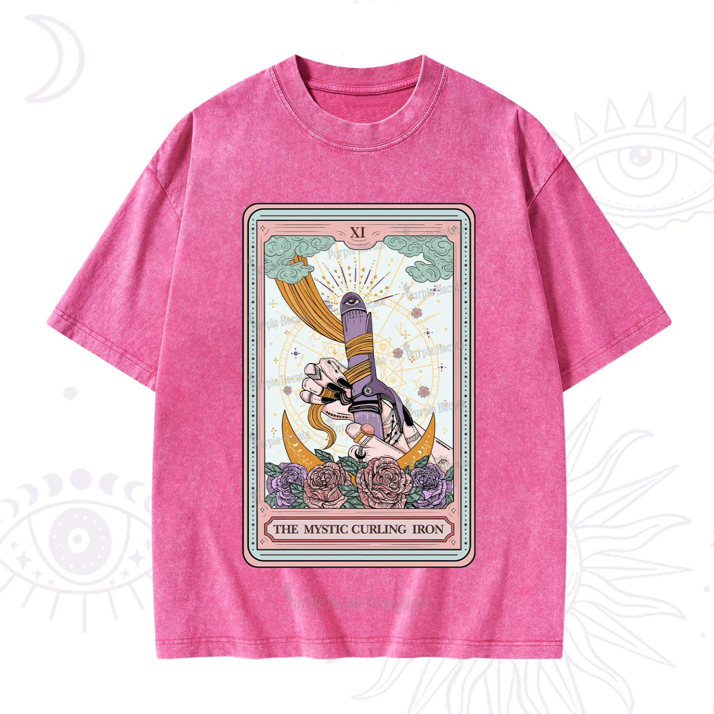 Purplehecate The Mystic Curling Iron Tarot Washed T-Shirt