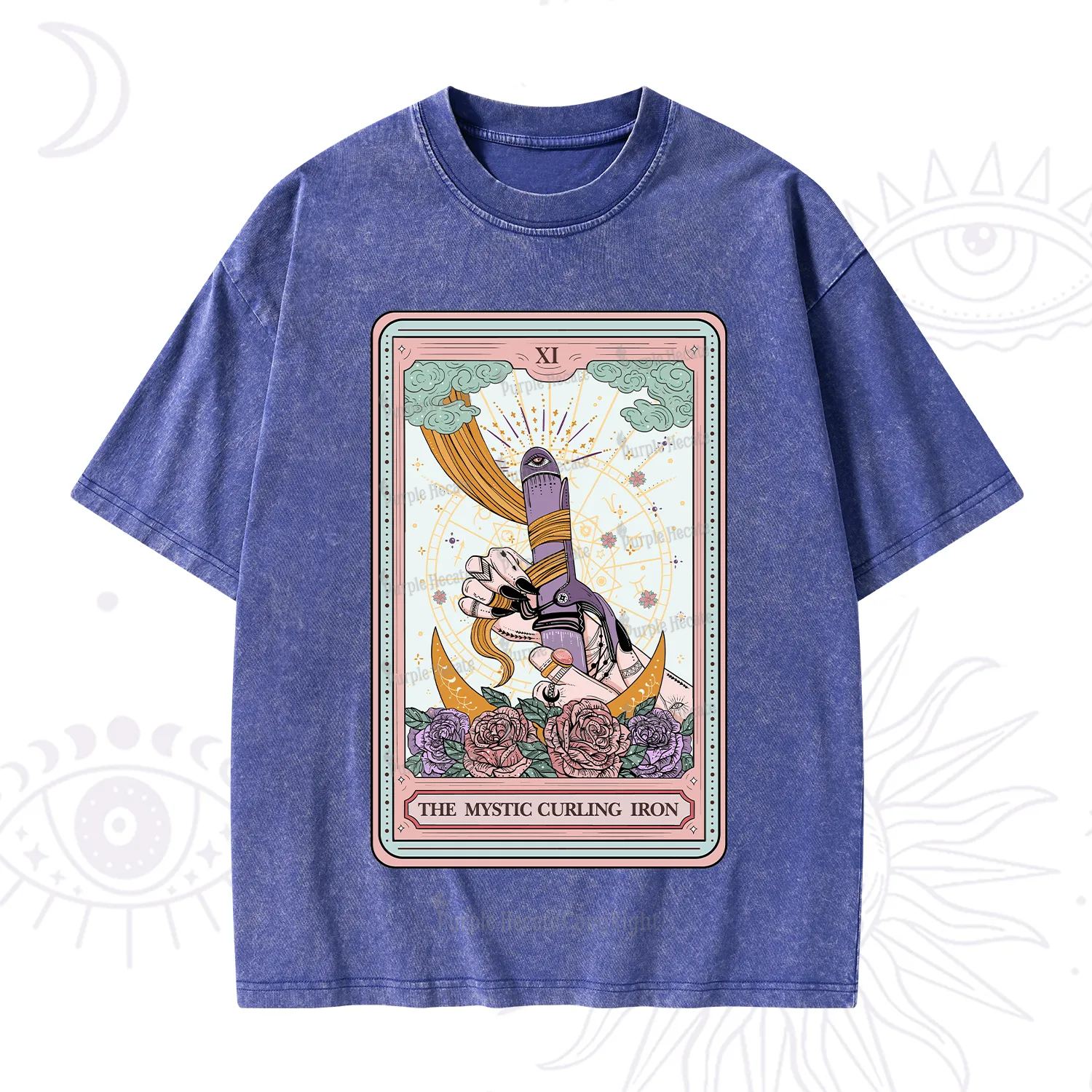 Purplehecate The Mystic Curling Iron Tarot Washed T-Shirt