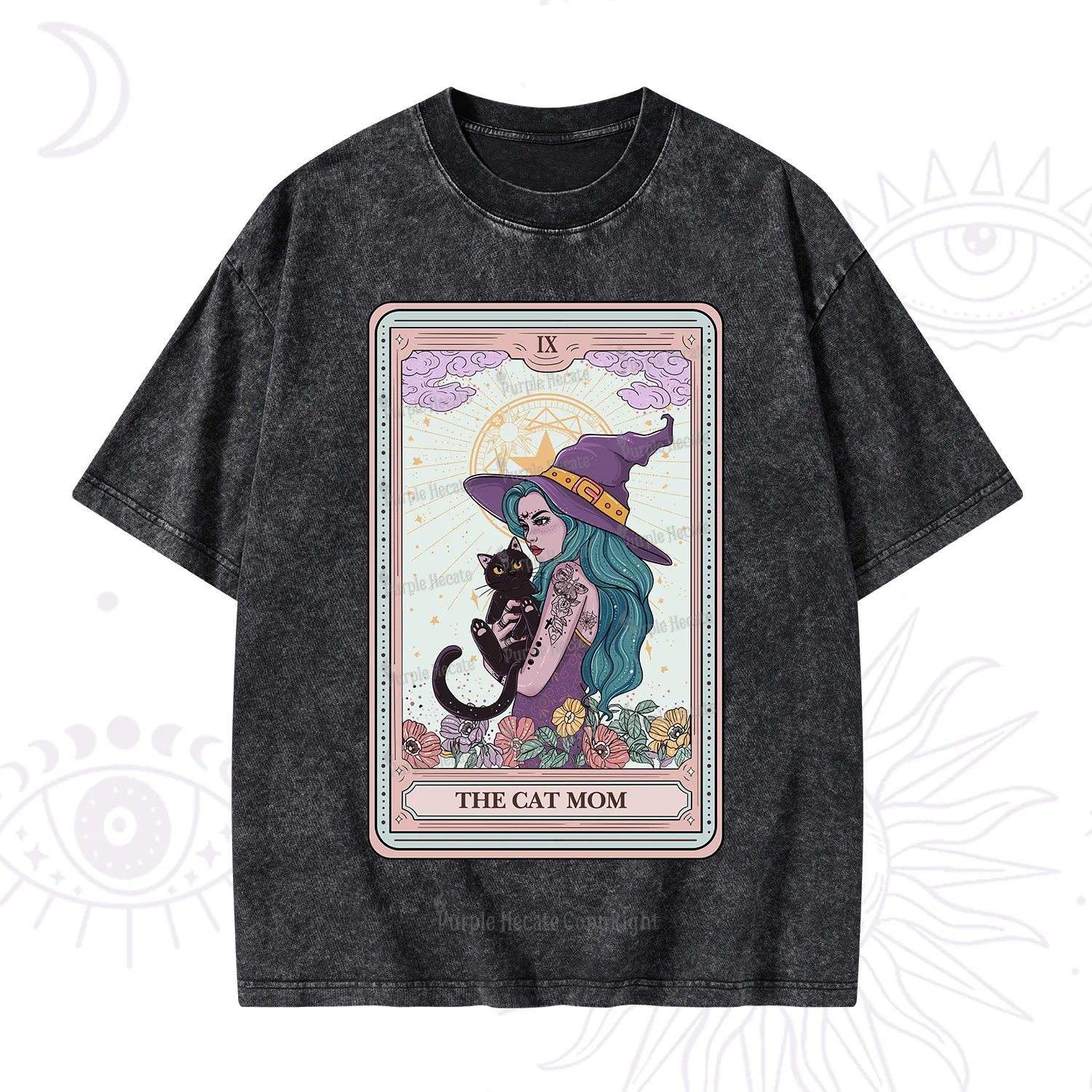 Purplehecate The Gothic Cat Mom Tarot Washed T-Shirt