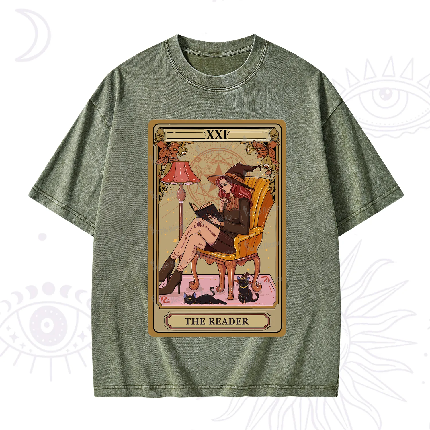 Purplehecate The Reader-Cat Mom Tarot Washed T-Shirt