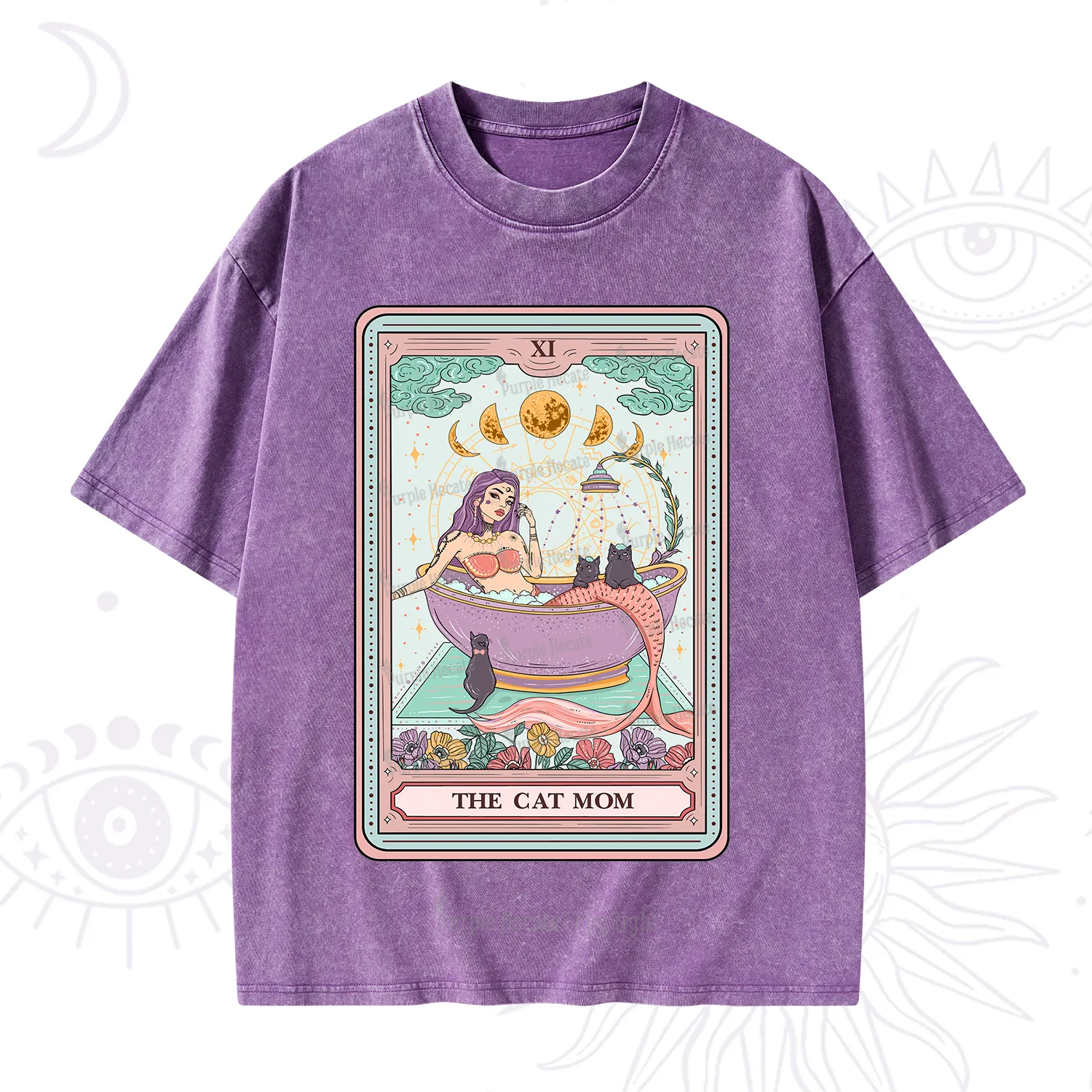Purplehecate The Cat Mermaid Mom Tarot Card Washed T-Shirt