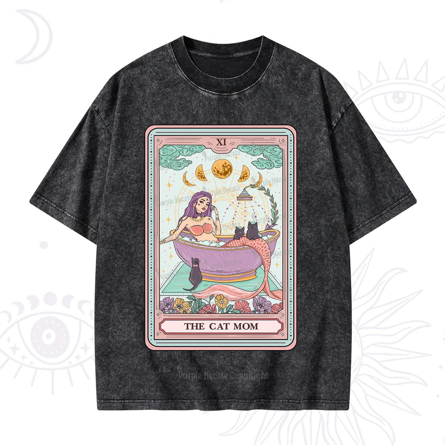 Purplehecate The Cat Mermaid Mom Tarot Card Washed T-Shirt