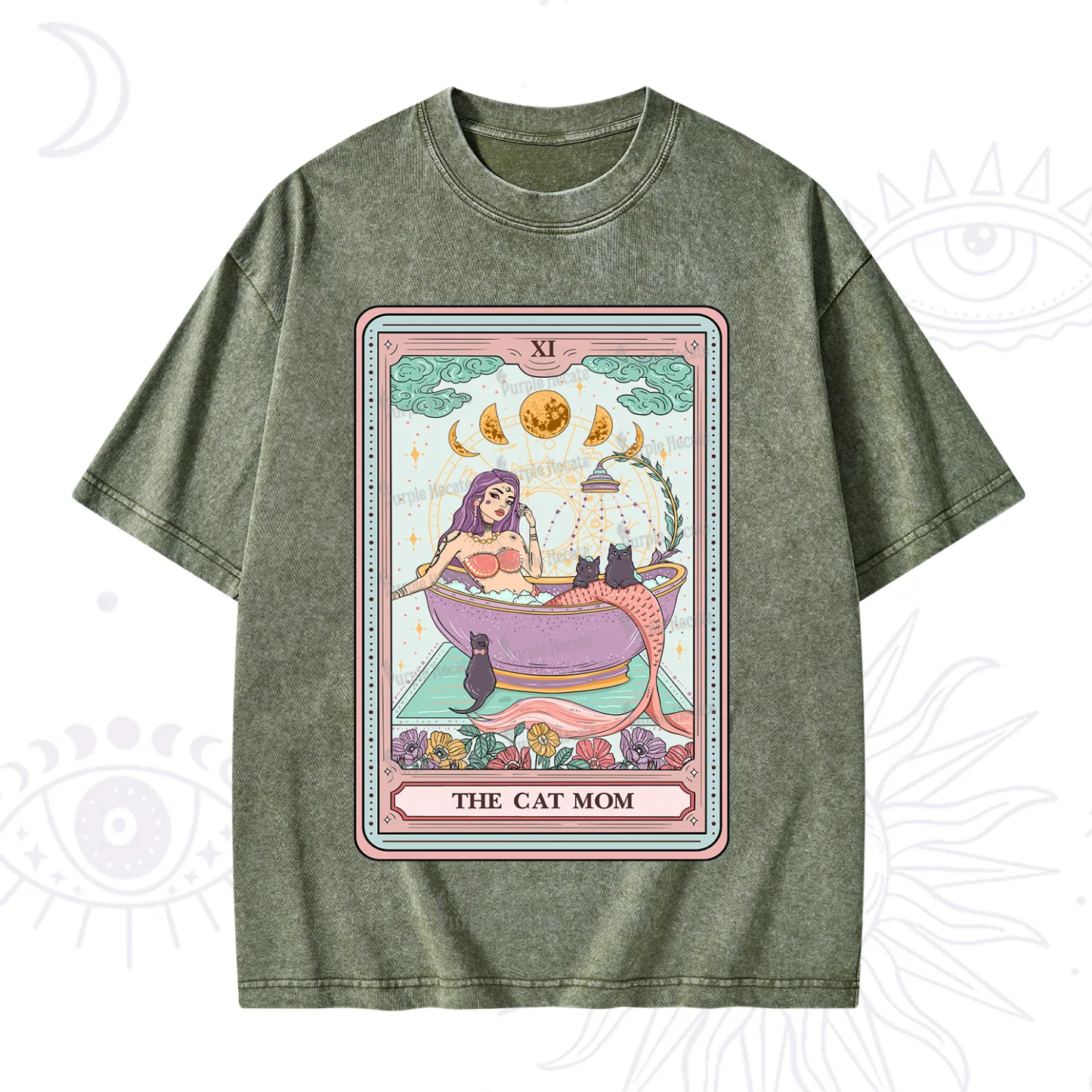 Purplehecate The Cat Mermaid Mom Tarot Card Washed T-Shirt