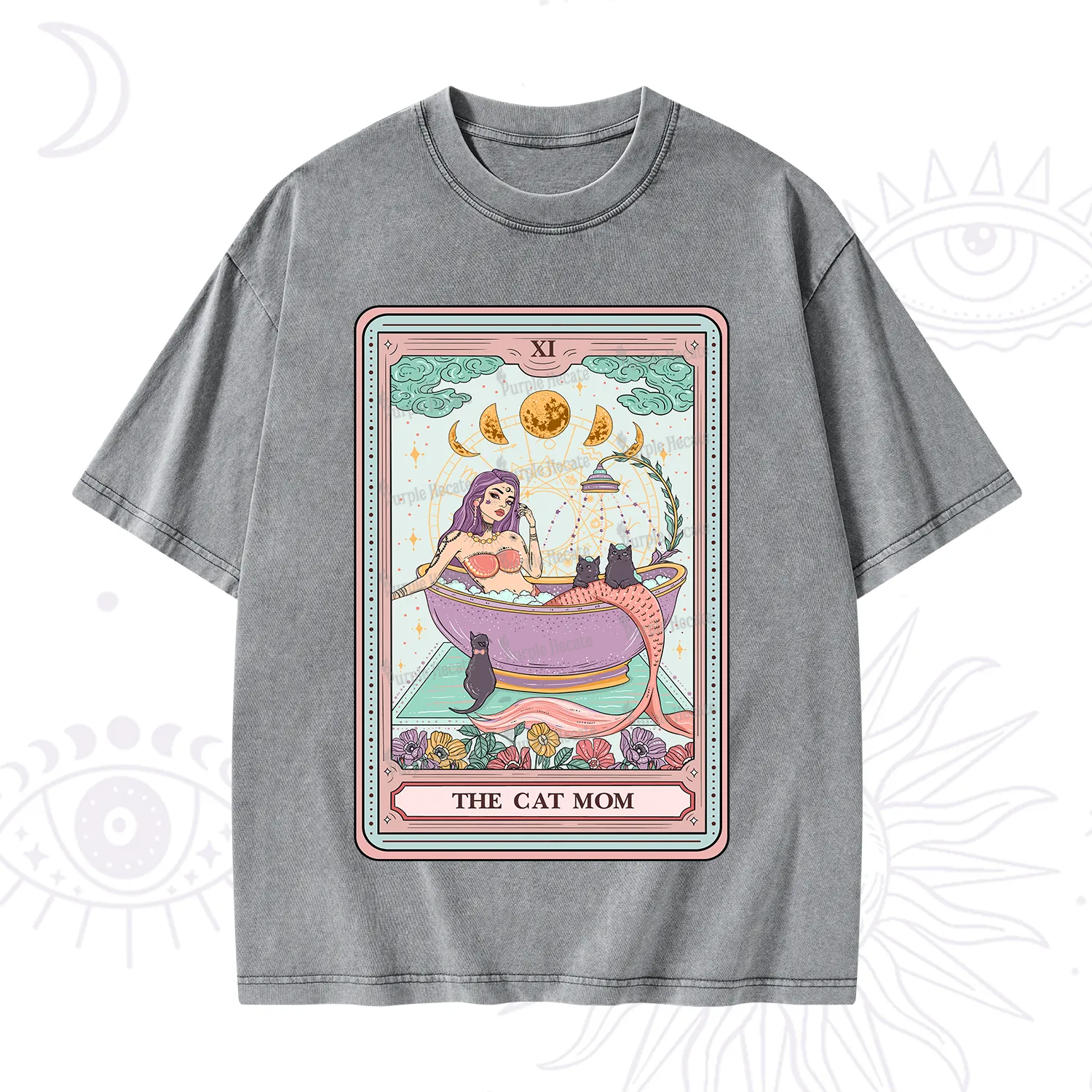 Purplehecate The Cat Mermaid Mom Tarot Card Washed T-Shirt