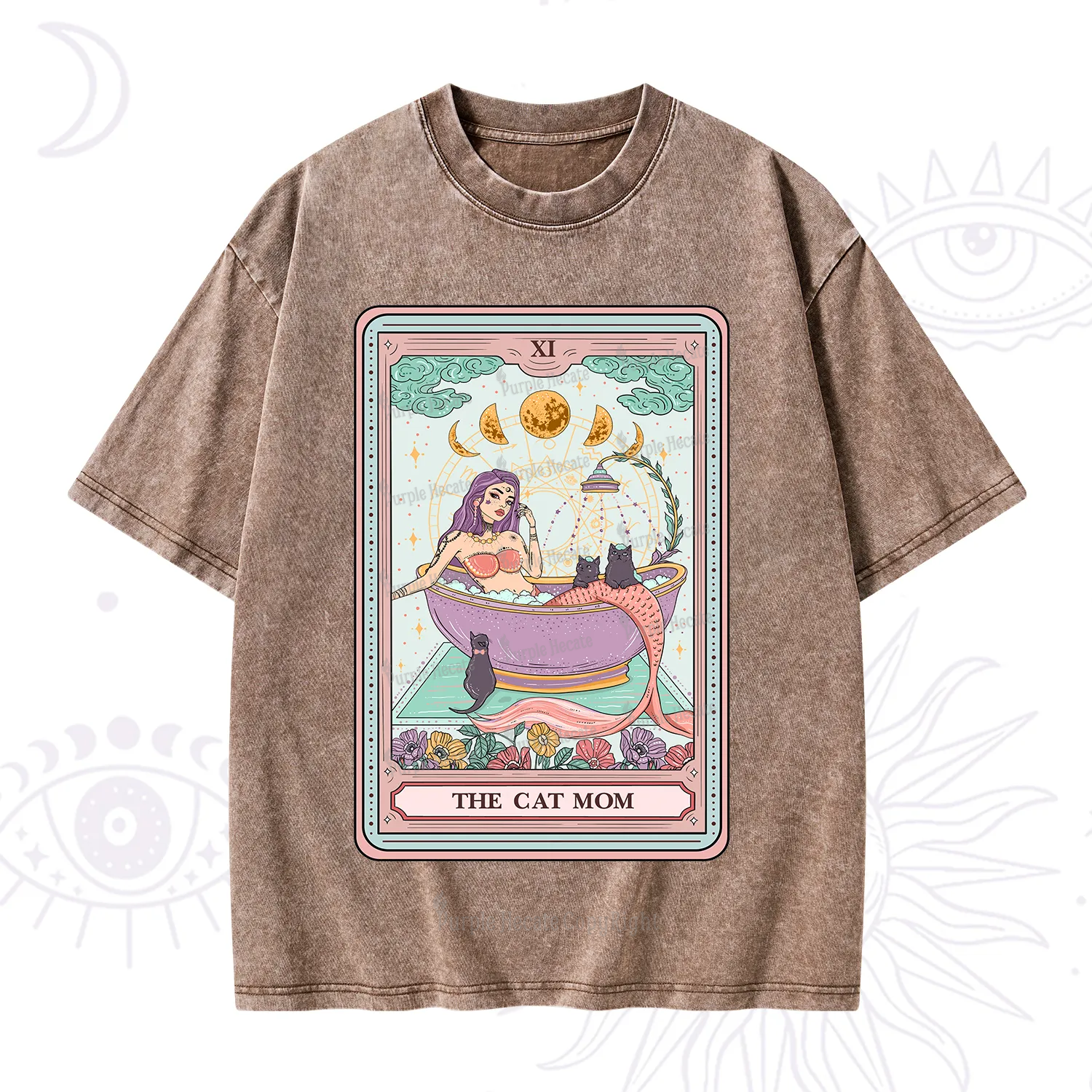 Purplehecate The Cat Mermaid Mom Tarot Card Washed T-Shirt
